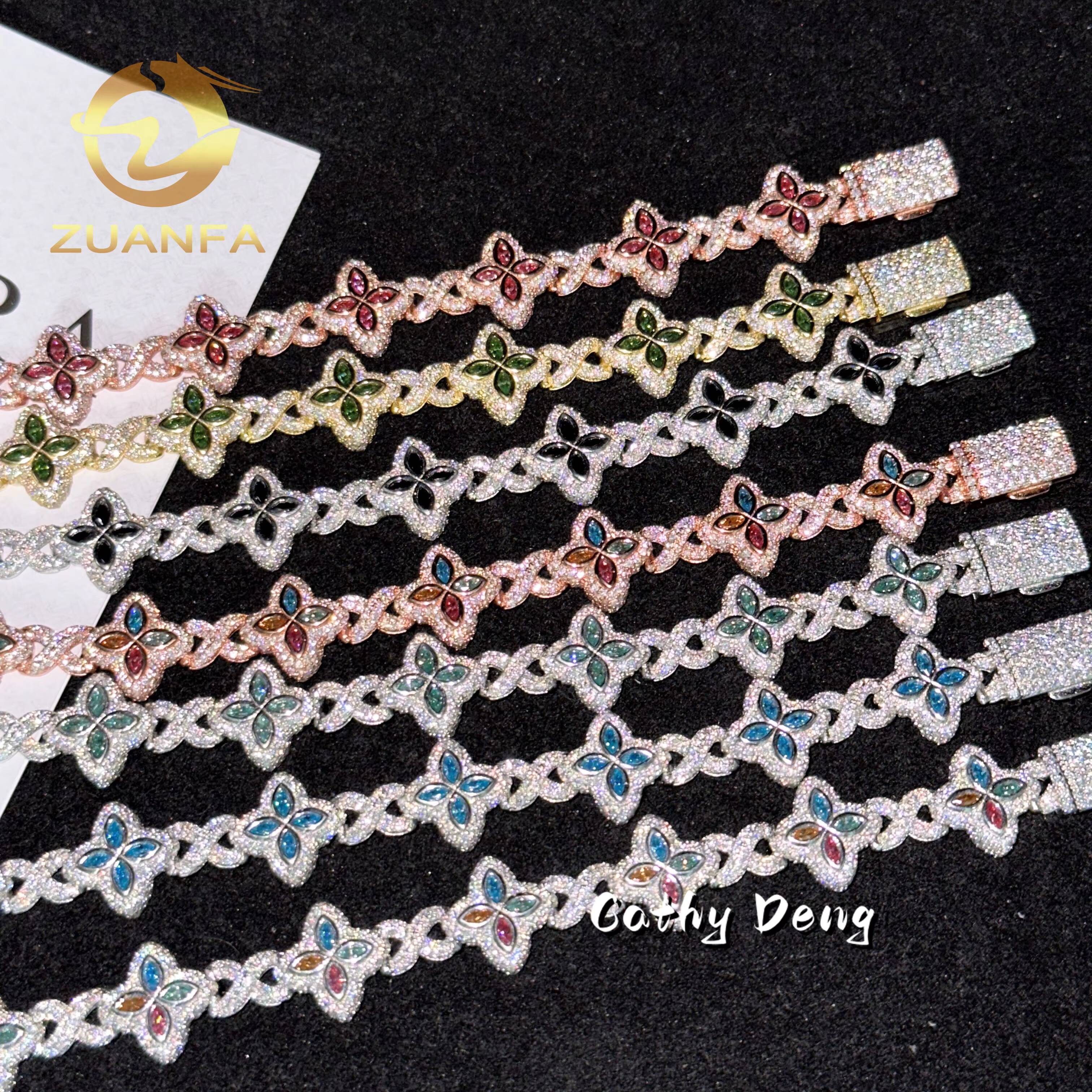 New Shamrock bracelet 15mm Marquise Flower Design Hip Hop Jewelry Iced Out Unisex Moissanite Cuban Link Chain 925 Silver Moissanite Bracelet