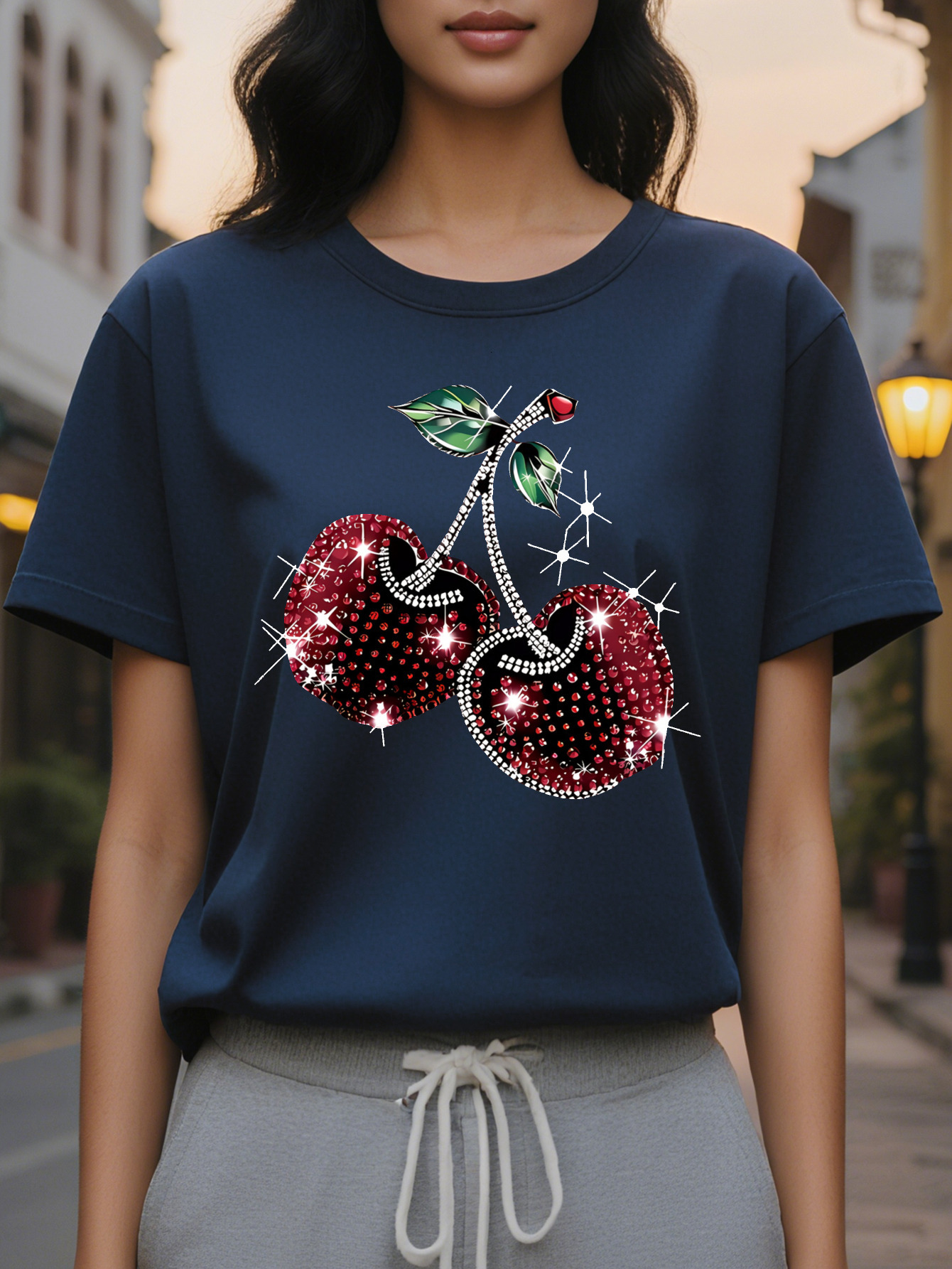 Large XL Cherry Fruit Circle Print T-Shirt Short Sleeve Round Neck Casual Wear Plus Size