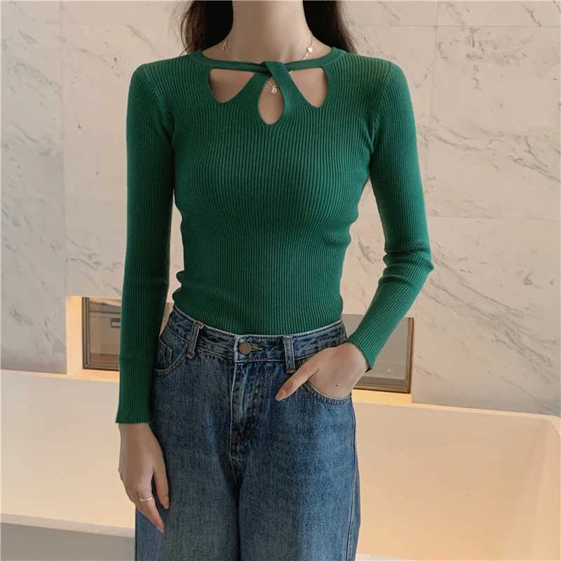 New Autumn and Winter Womens Slim Stretch Sexy Pullover Hollow Solid Color Sweater Slim Bottoming Shirt Sweater Ladies M250904