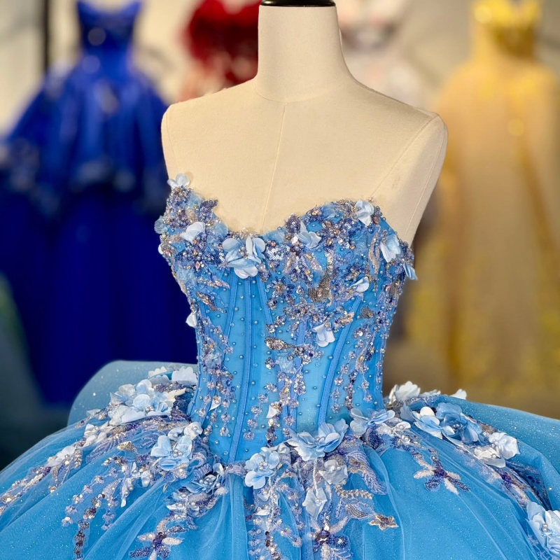 Blue Shiny Princess Off the Shoulder Sweet 16 Dress Quinceanera Dresses Applique Flower Beads Tull Party Birthday Vestidos 15 De Anos