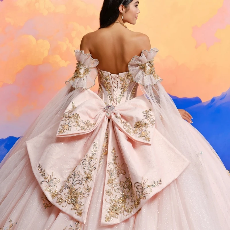 Pink Shiny Quinceanera Dresses Ball Gown Off The Shoulder Applique Lace Bow Beads Tull With Cape Sweet 16 Dress Vestidos 15 De