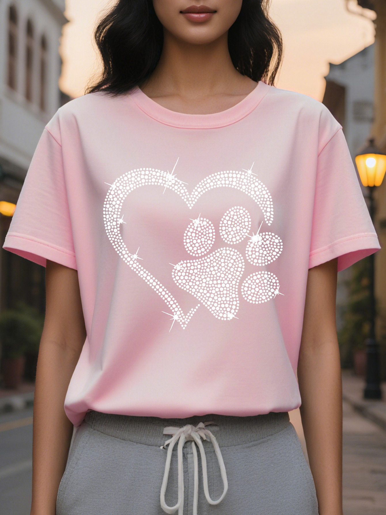 Heart Dog Paw Print T-Shirt Casual Short Sleeve Crew Neck Top Stylish All Season Women's Clothing