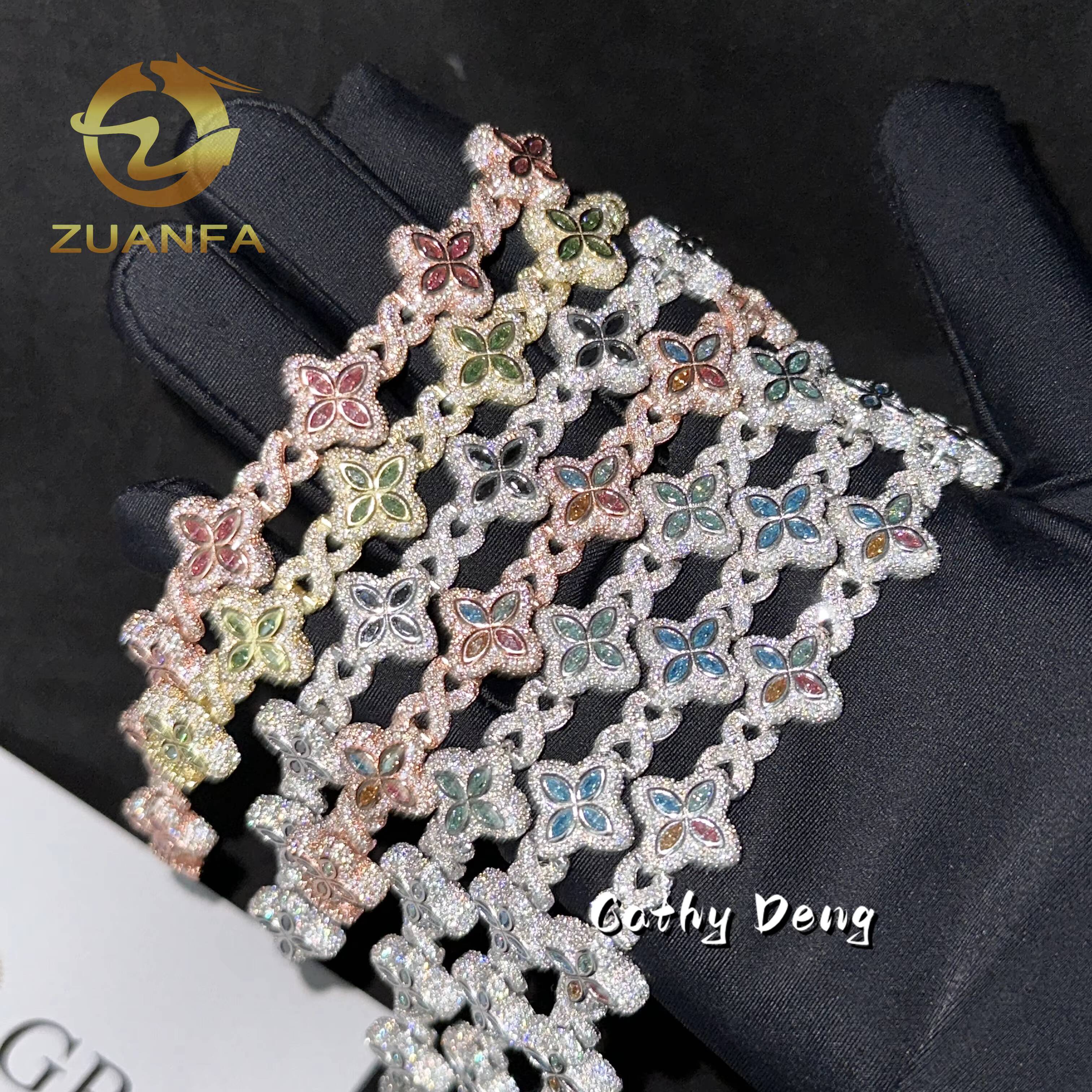 New Shamrock bracelet 15mm Marquise Flower Design Hip Hop Jewelry Iced Out Unisex Moissanite Cuban Link Chain 925 Silver Moissanite Bracelet