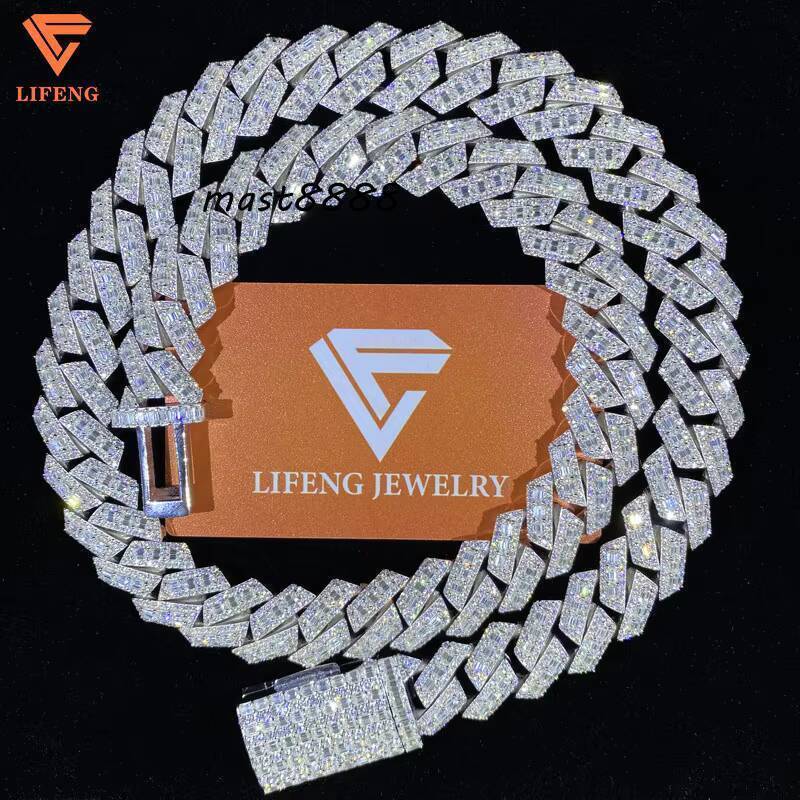 Lifeng Jewelry 18mm Baguette Cut VVS Moissanite Necklace Miami Cuban Link Chain Iced Hiphop 925 Silver Diamond Moissanite Chain