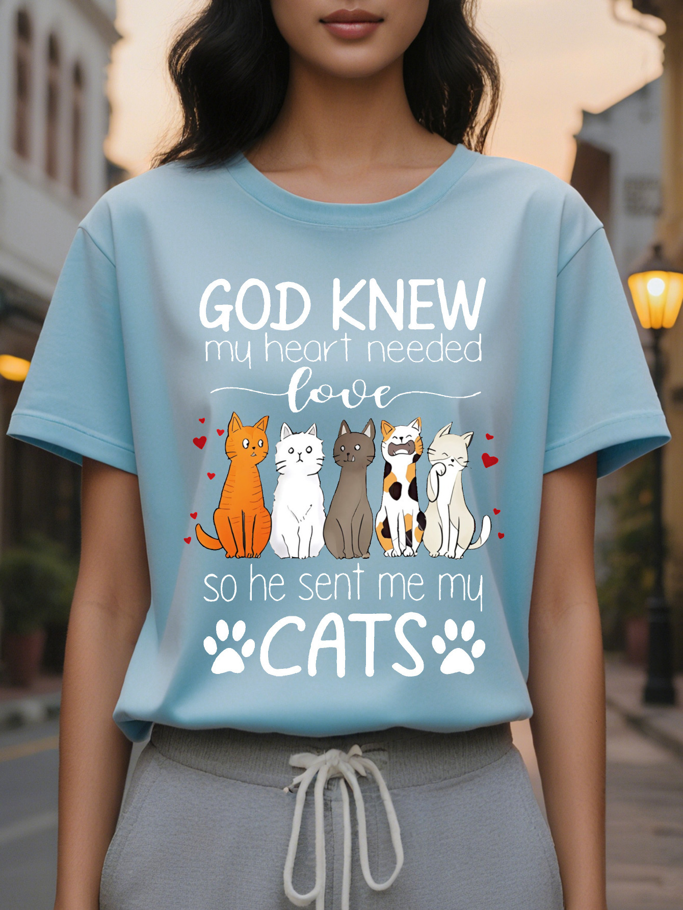 Large XL Tee Women's Casual Lover Graphic T-Shirt God Knew My Heart Needed Love Quote with Cartoon Cats Paw Prints Heather Plus Size