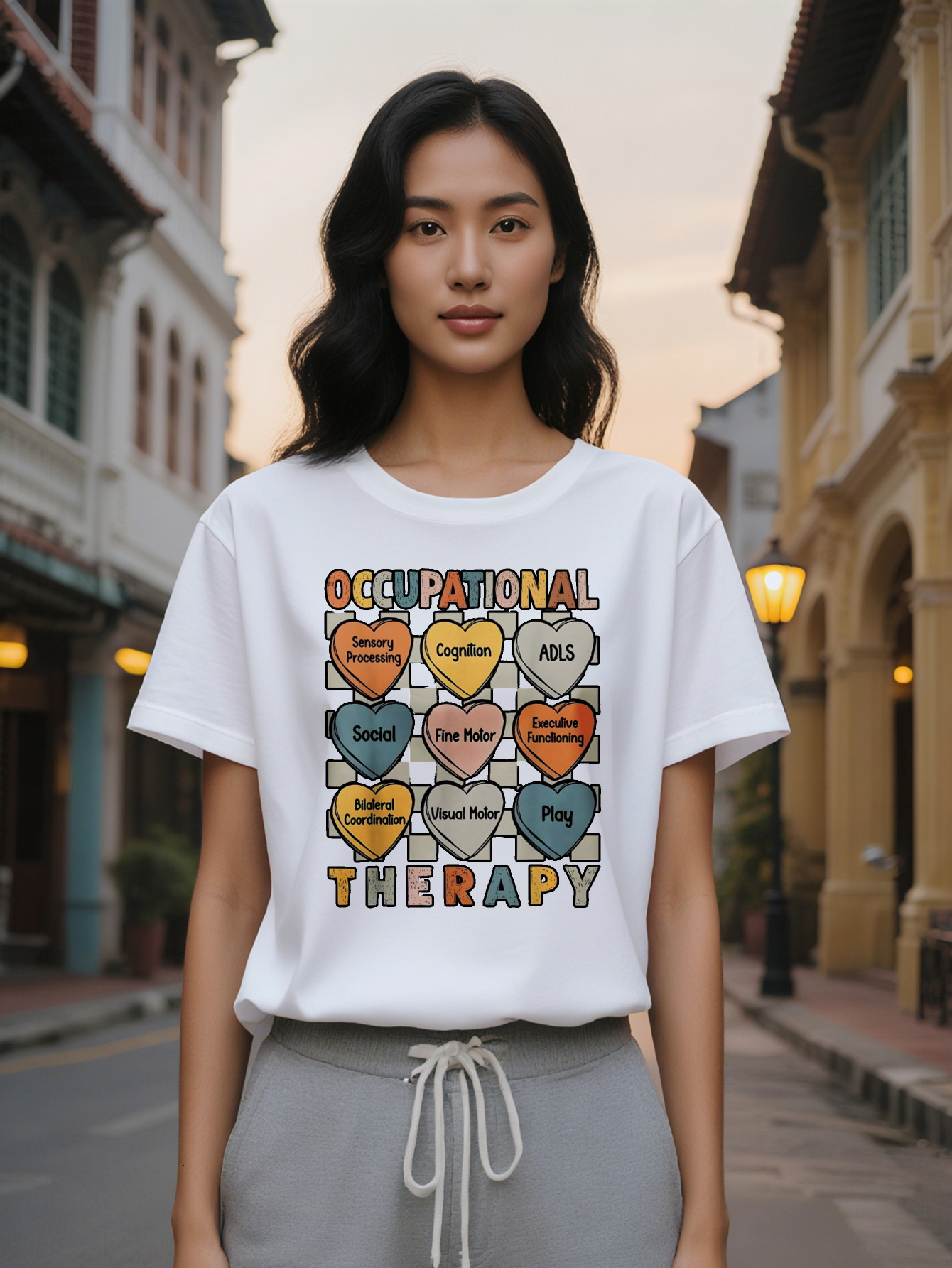 Large XL Women's Casual Round Neck T-Shirt with Occupational Therapy Heart Design Background Short Sleeve Summer Wear Perfect Plus Size