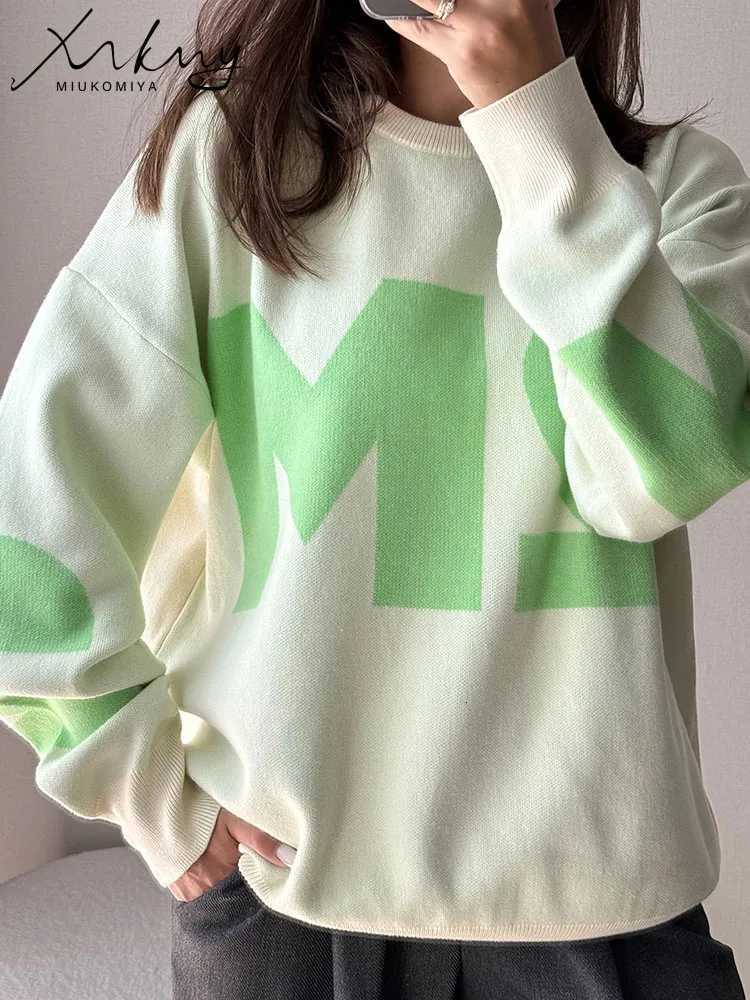 Navy Blue Oversize Letter Sweater Women Crewneck Casual Knitted Loose Pullovers With Letter Green Sweater For Women Winter M250904