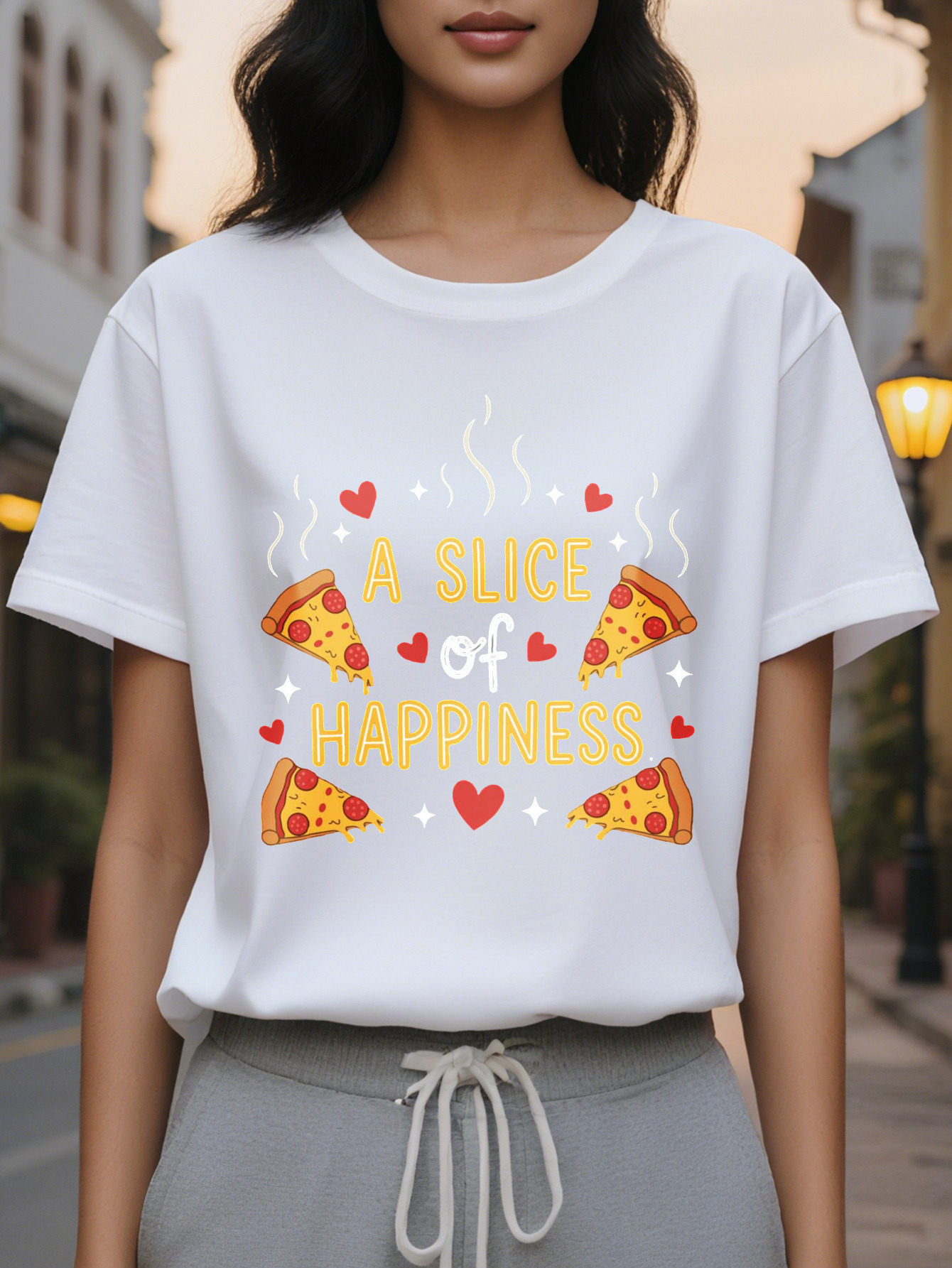 Women's Black T-Shirt with a Piece of Happiness Pizza Pattern, Short Sleeve, Round Neck, Casual Summer Clothing, Fun