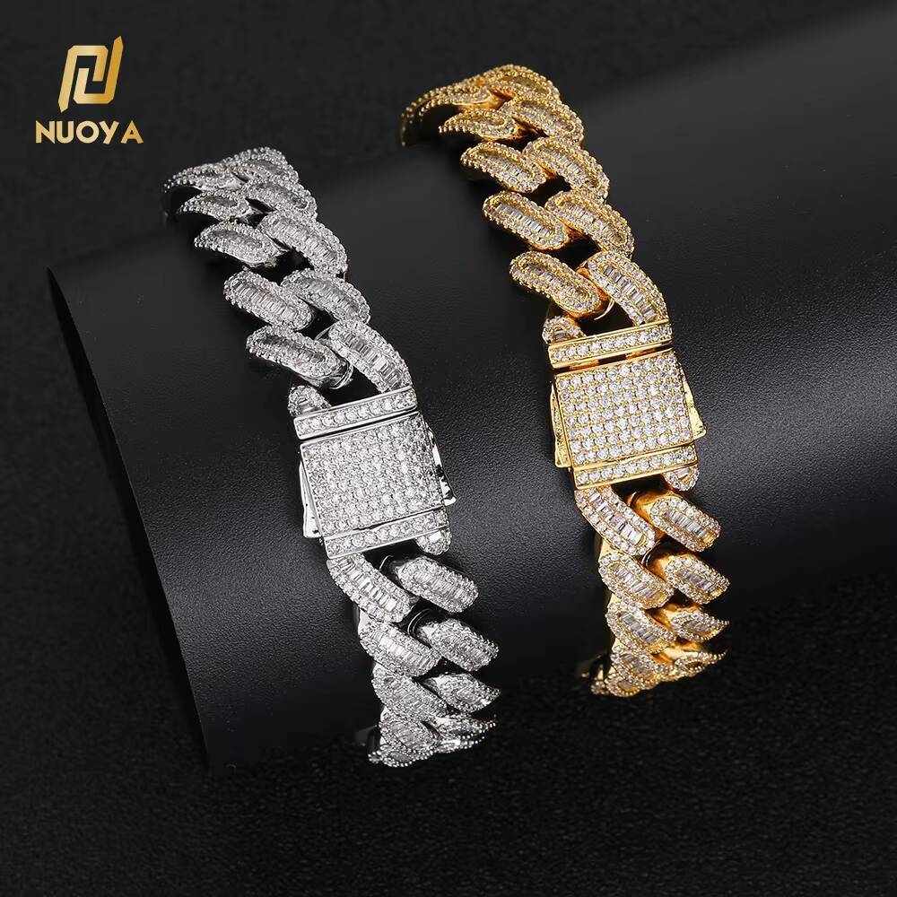 NUOYA Iced Out Moissanite Diamonds Cuban Chain Bracelet 15MM Width Bling Baguette Design Spring Clasp Cuban Link Chain for Women