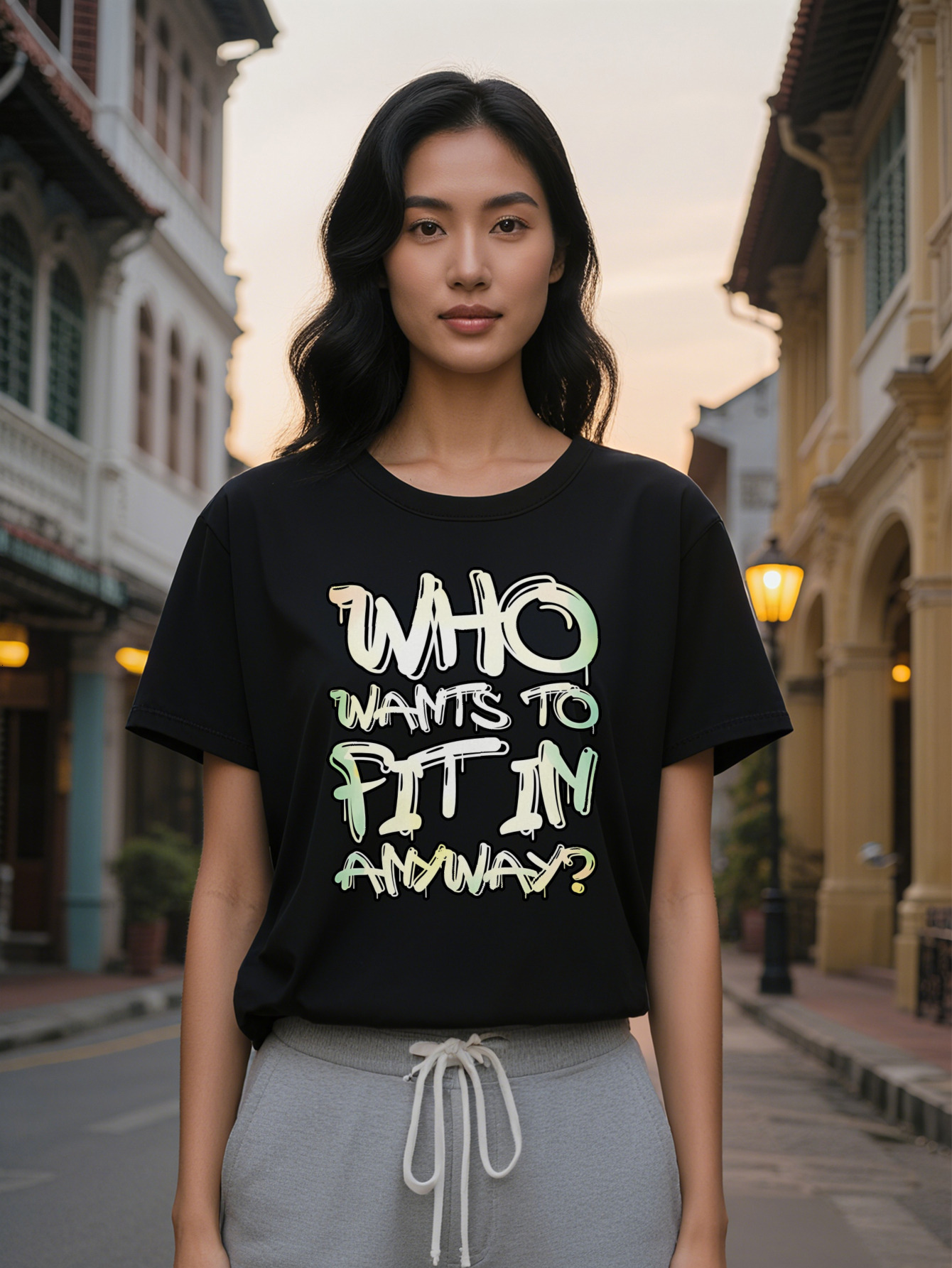 Large XL Women's Graphic T-Shirt with Bold "WHO WANTS TO FIT IN ANYWAY" Print Black Light Green Tee Regular Fit Round Neck Plus Size