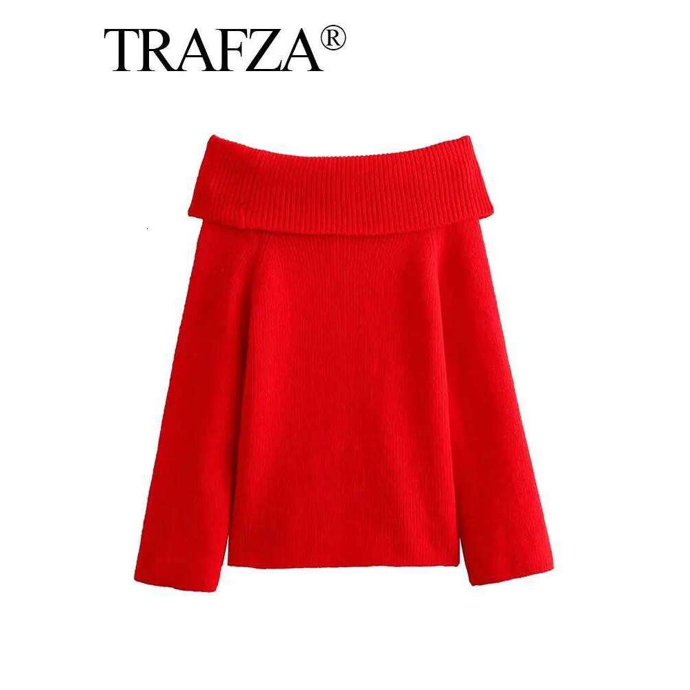 TRAFZA Women Fashion Solid Off Shoulder Long Sleeve Knitted Pullover Sweater Autumn Female Casual Knitwear Chic Top