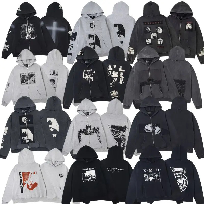 Stock Winter High Street Retro Patchwork Abstract Portrait Print Zipper Hoodie Jackets ERD Hoodie Cotton Men Women Sweatshirts 250815