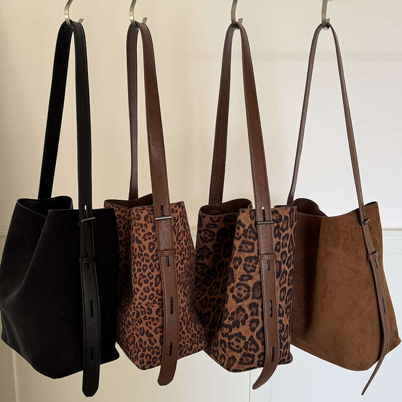 Korean Niche INS Suede Leopard Print Bucket Versatile Shoulder Crossbody Women's Tote Bag