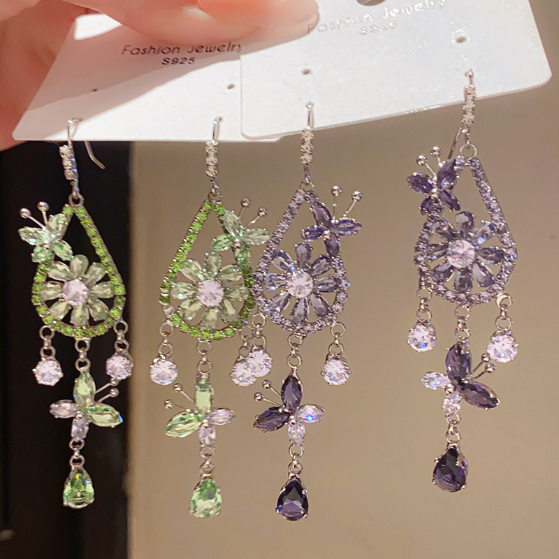 Silver Tone Purple Crystal Butterfly & Floral Hook Earrings With Teardrop Tassel Detail Elegant Glamorous Style Party Wear Gift For Her Sparkling Jewe