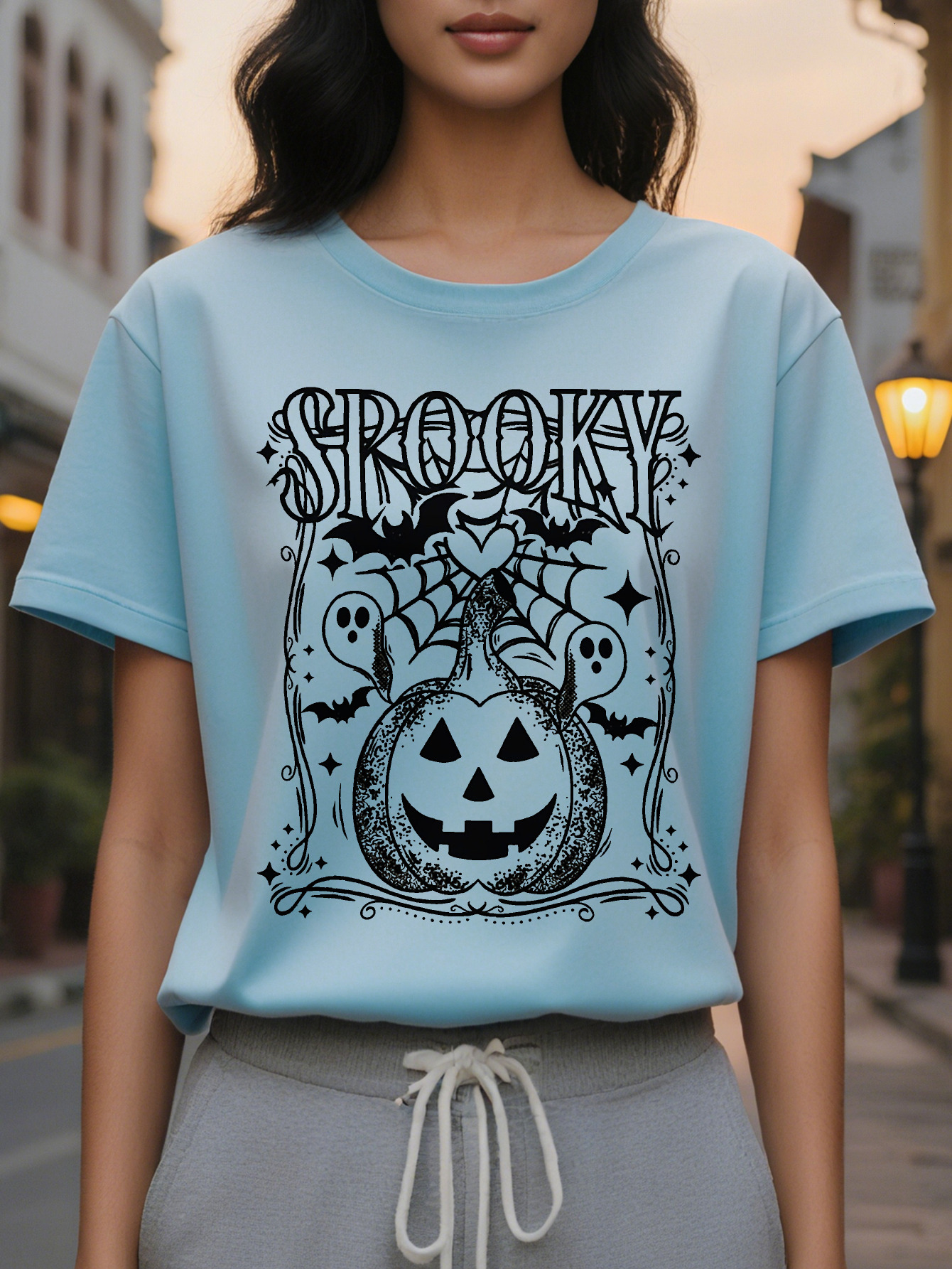 Large XL Women S Pumpkin Graphic T-Shirt Olive Green Spooky Tee with Jack O Lantern Soft Round Neck Casual Top for Party Plus Size