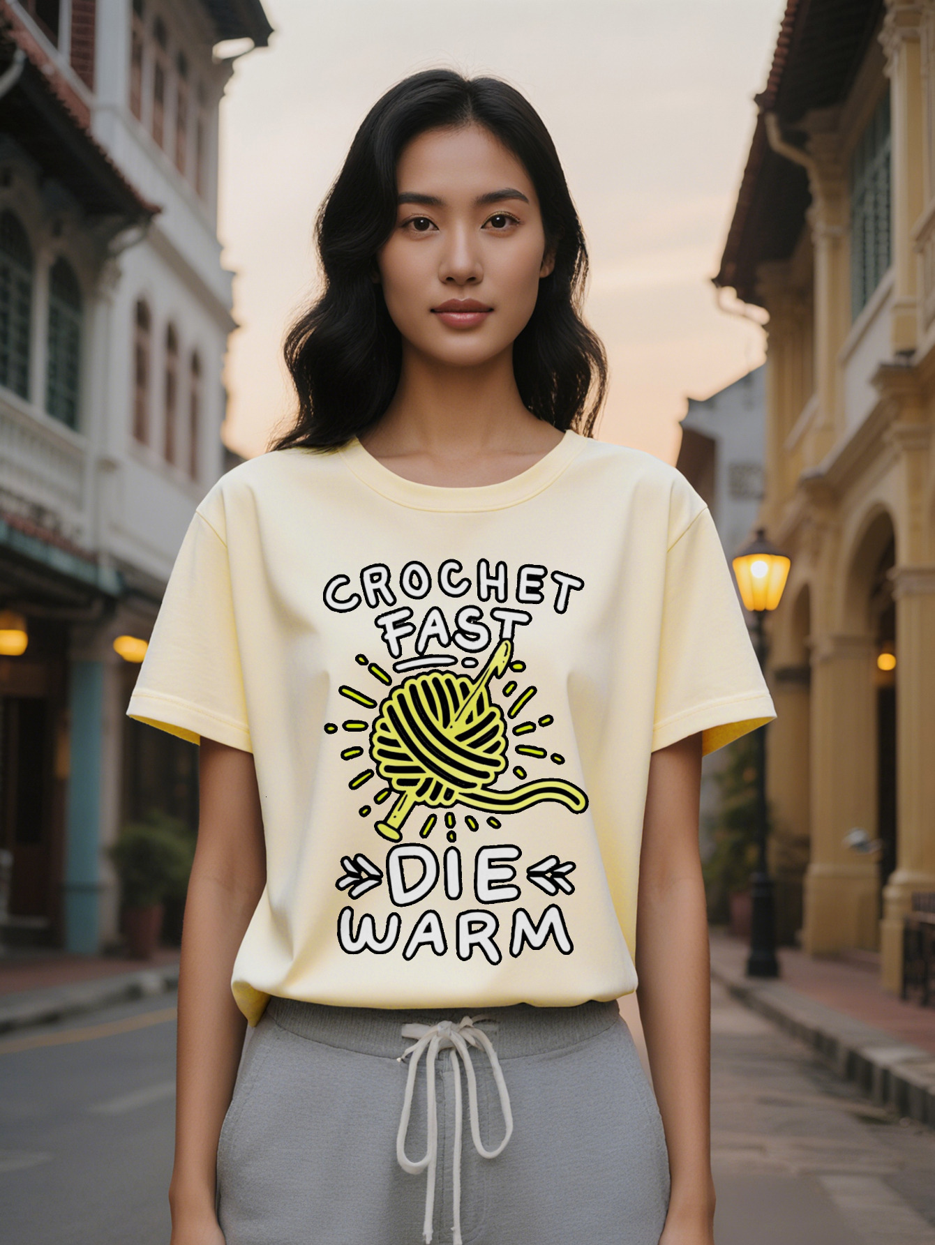 Lady Casual Crew Neck T-Shirt Crochet Fast Die Warm Graphic Print Black with Yellow White Design Breathable Summer