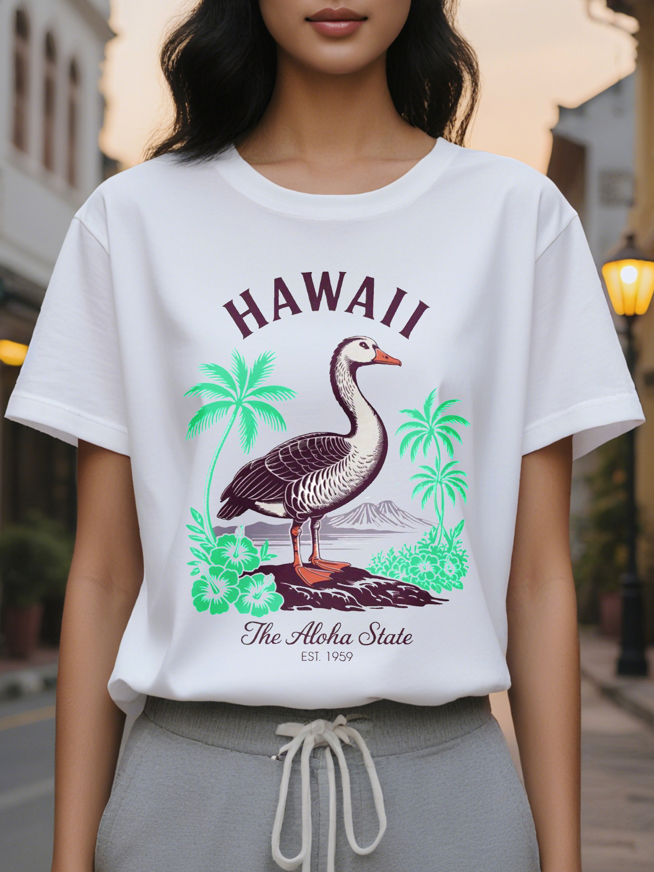Women's Tropical T-Shirt White Short Sleeve Top with Hawaii Aloha State Design Lightweight Summer Vacation Shirt
