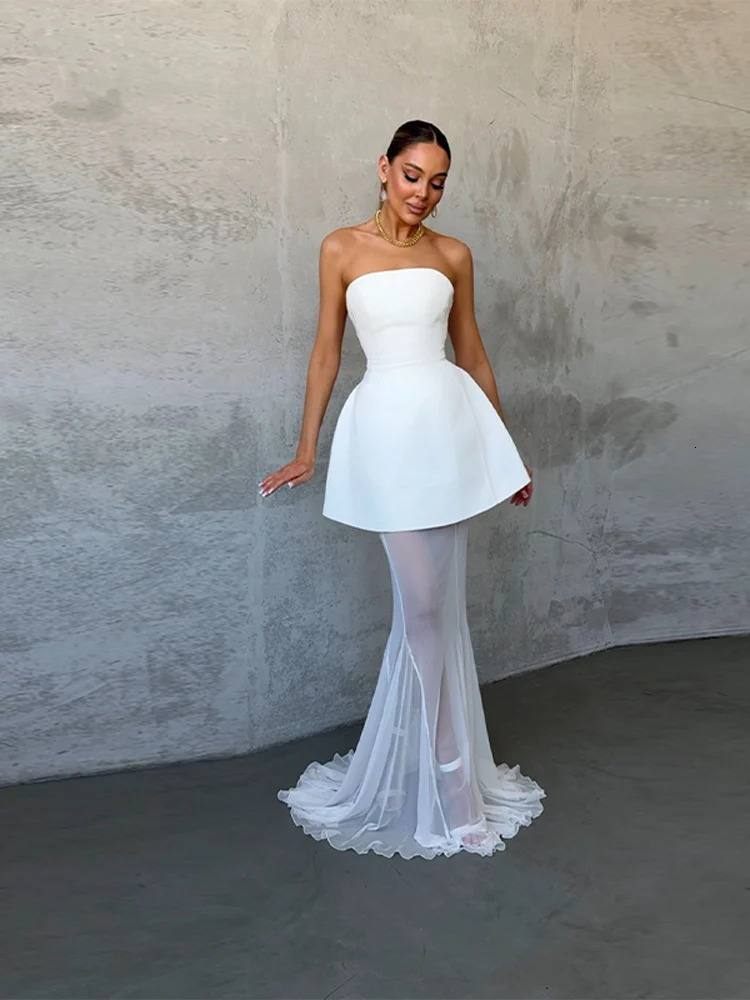 Elegant Womens Lace Maxi Skirt Set Strapless Open Back Short Dress Sheer Mesh Long Skirts Lady Party Festival Outfit 250904