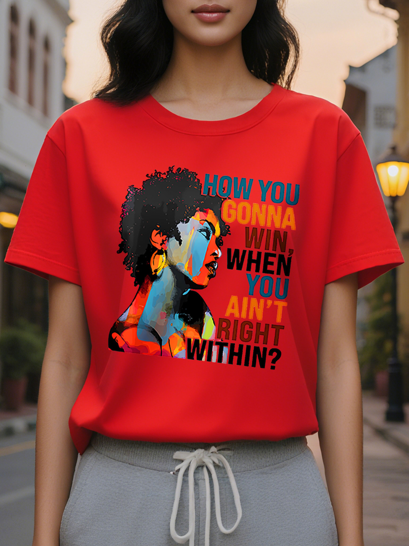 Large XL Women's Casual T-Shirt with Afro American Graffiti Portrait Print Cotton Knit Fabric Round Neck Regular Fit for Plus Size