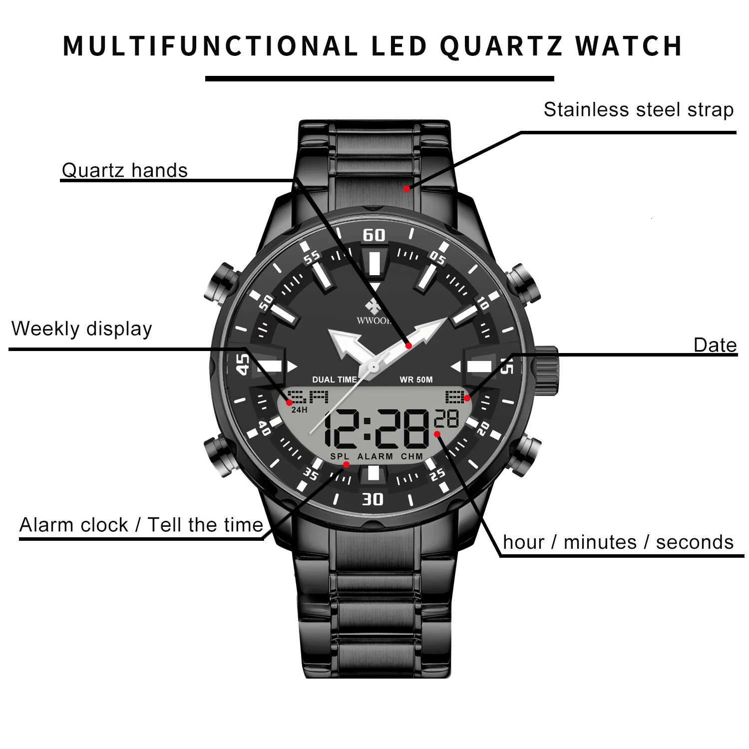 WWOOR Luxury Mens Watches Digital Sport Waterproof Steel Military Quartz Watch For Men Fashion Luminous M Clock Reloj Hbre X250904
