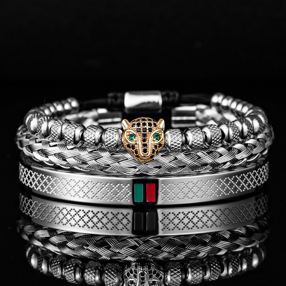 Micro Inlaid Leopard Head Bracelet Set Stainless Ddmyday Steel Red Green Striped B