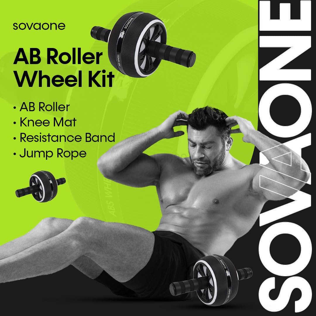 Ab Wheel Roller 4 in 1 Ab Roller Kit with Knee Mat Jump Rope Stretch Band Abs Workout Equipment for Home Gym Abdominal Wheel for Full Body Strength Tr