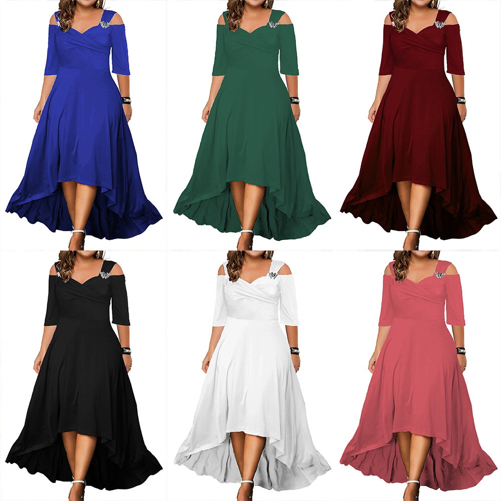 L3812European and American solid color sexy off-the-shoulder long swing dress summer plus size women's long skirt