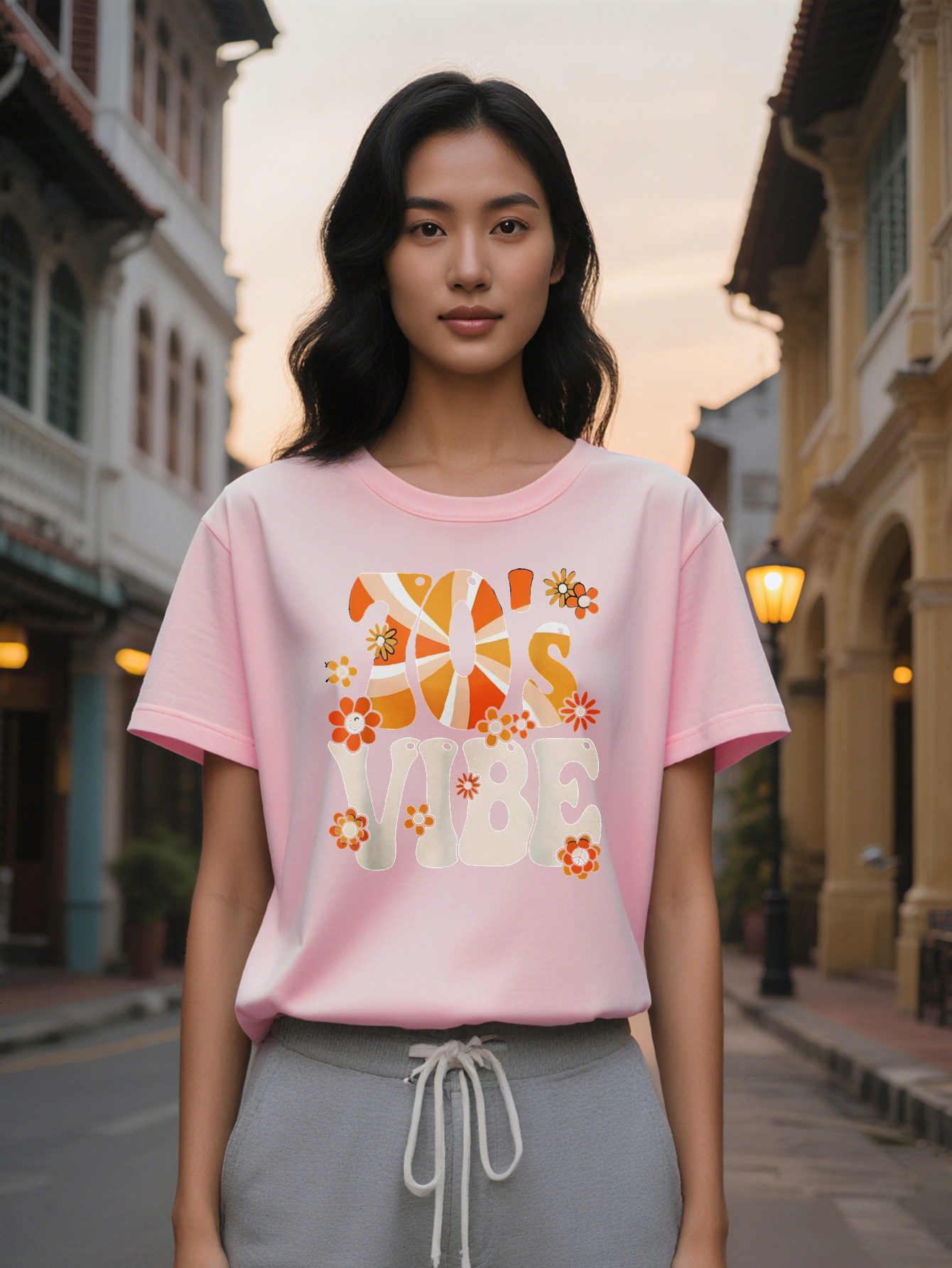 Large XL Lady Retro Graphic T Shirt Black Casual Short Sleeve Round Neck Tee With Bold S Vibe Lettering Colorful Plus Size