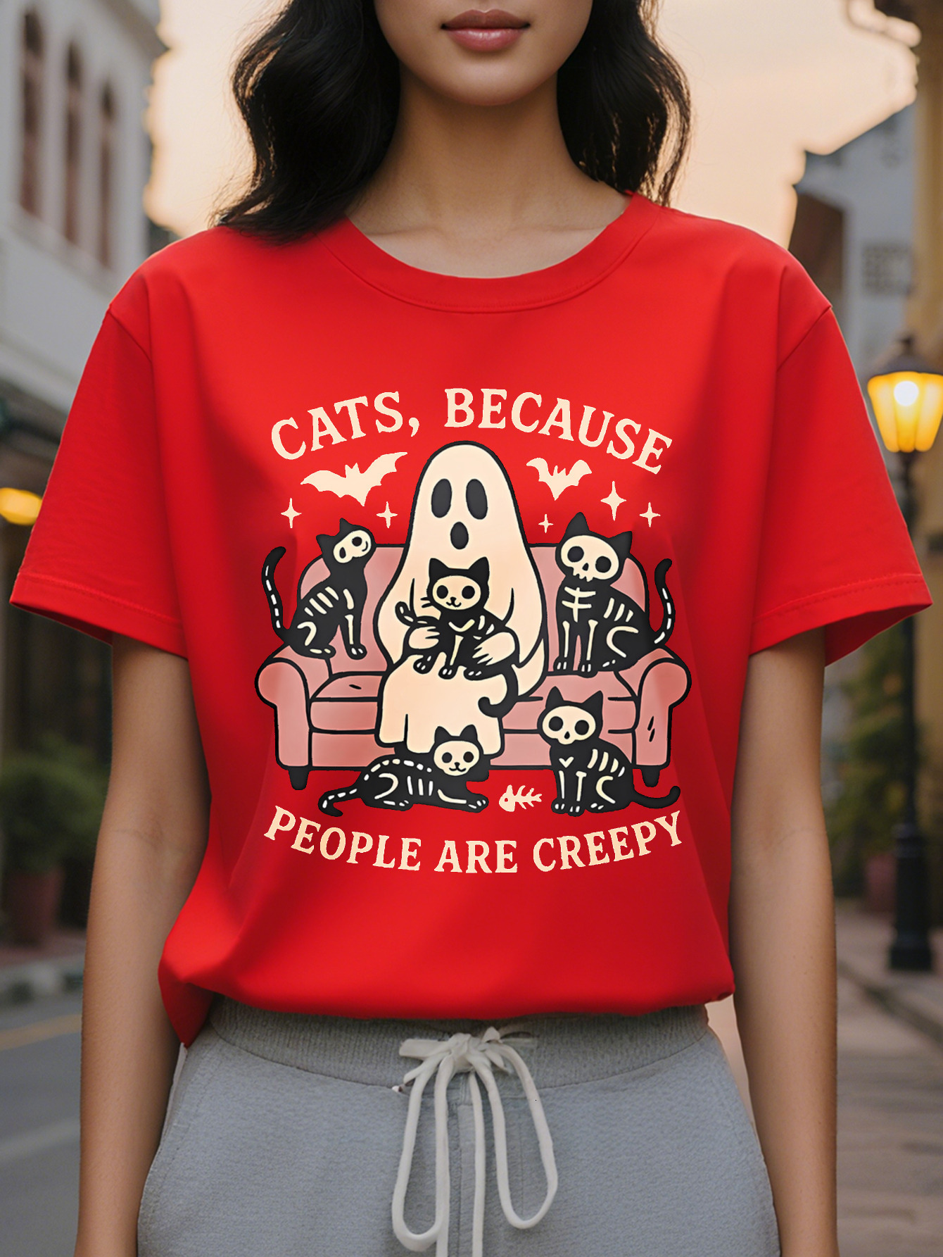 Women's Gothic Printed Sleeve T-shirt Funny Slogan Keep Cats Because Humans Are Too Scary Gray with Pink Black