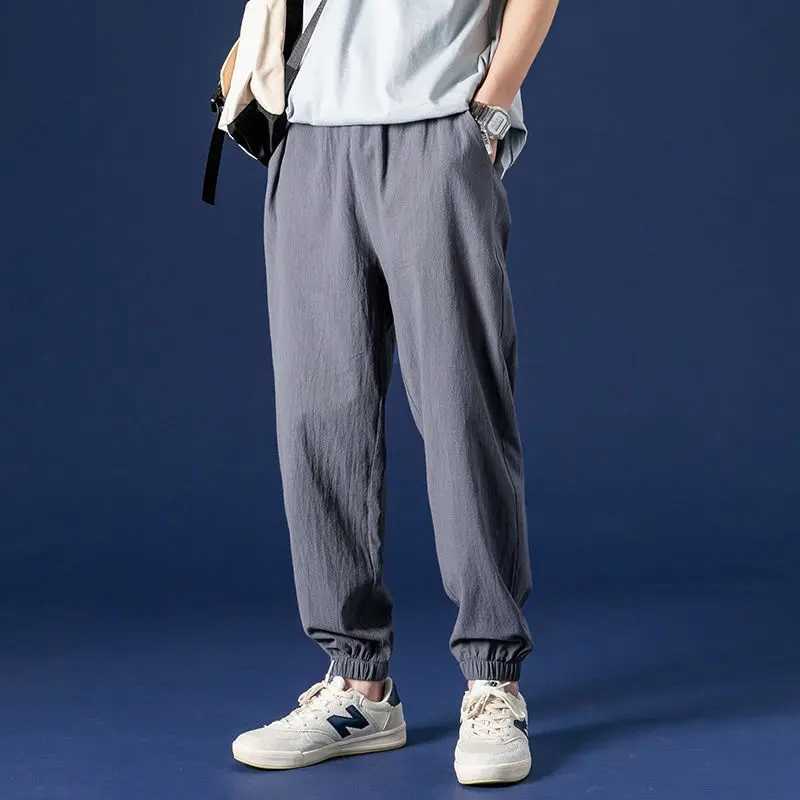 Summer New Men Cotton Hemp Thin Solid Sweatpants Streetwear Fashion Elastic Waist Harajuku Loose Casual Straight Sports TrousersXJ250904