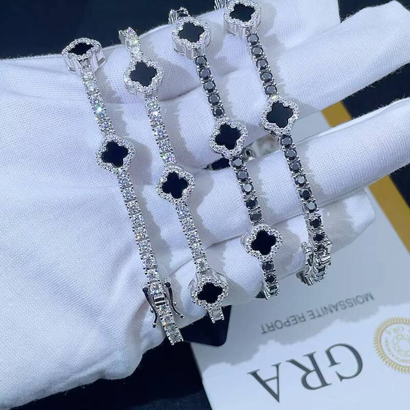 2025New Design 3mm 925 Sterling Silver Luxury Hip Hop Tennis Chain Bracelet Moissanite Diamond with Four Cleef Clover Pass Test