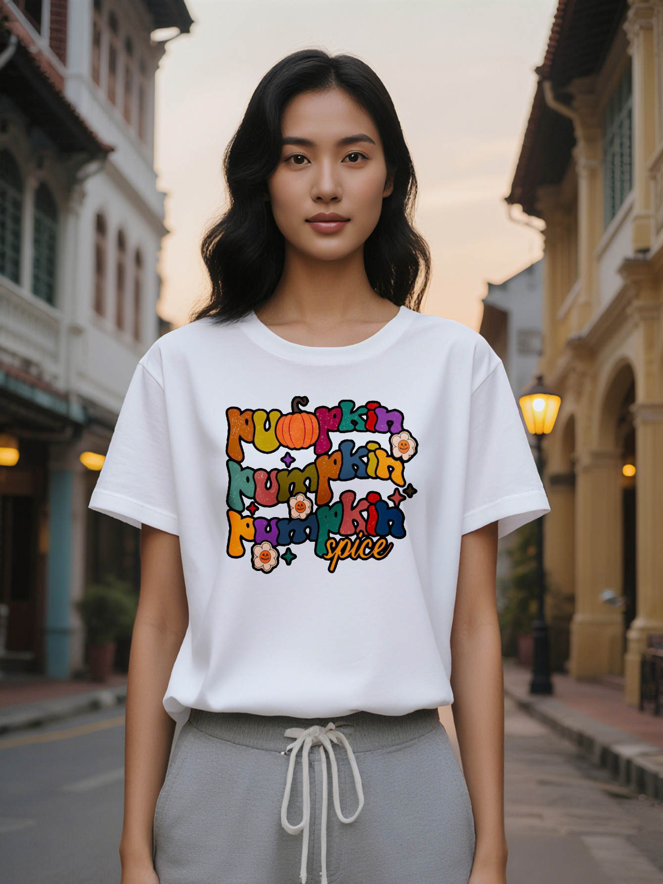 Large XL Crew Neck T-Shirt Pumpkin Spice Print Black with Colorful Design Perfect Gift for Summer Casual Wear Women Plus Size