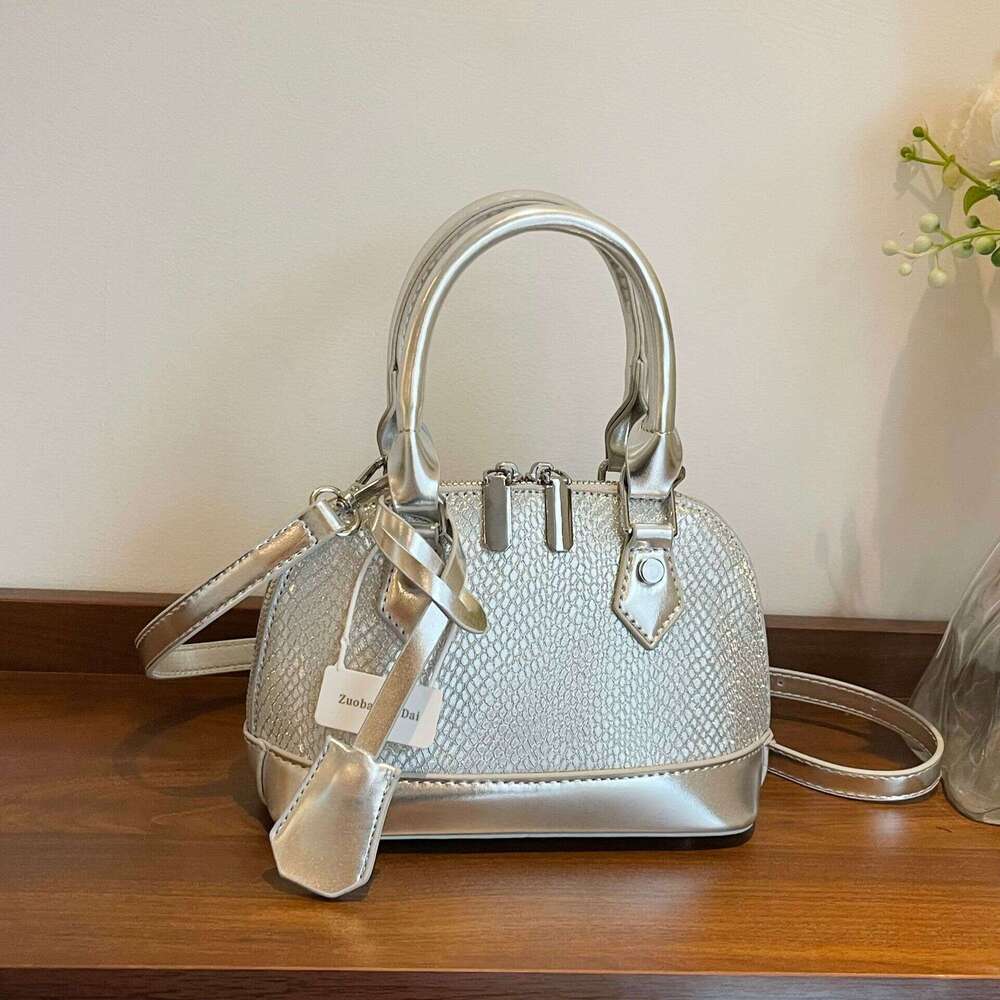 DHEssentials 2025 Women's Shelled PU Bag, Silver Tones, Zipper Top, Slim Design, Crossbody/Handheld, Summer Statement