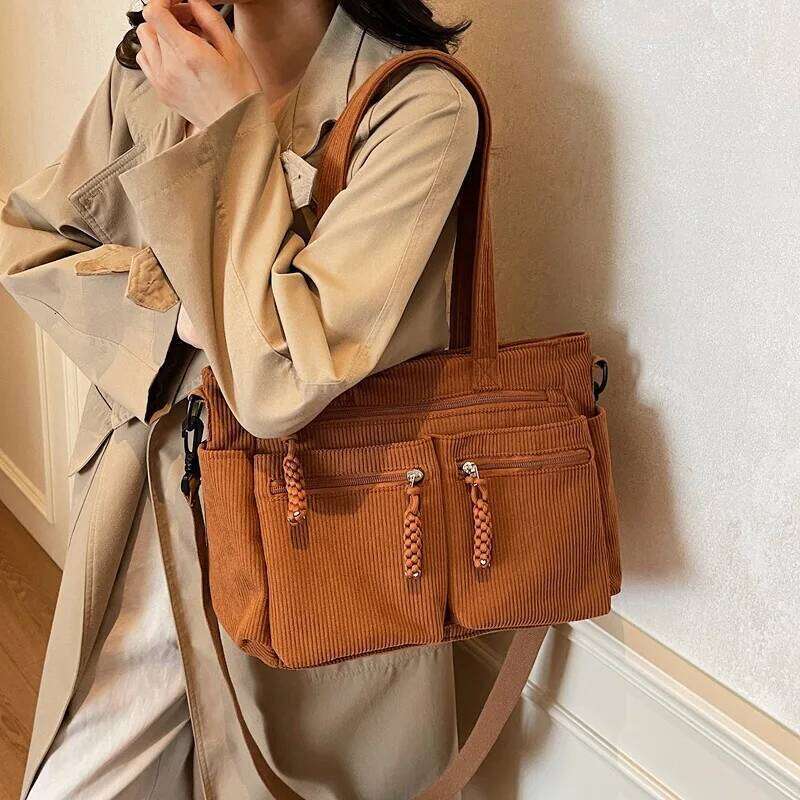 Corduroy Simple Poop Carrying For Women Adjustable Shoulder Strap Crossbody Bag Large Capacity Commuting Handbag