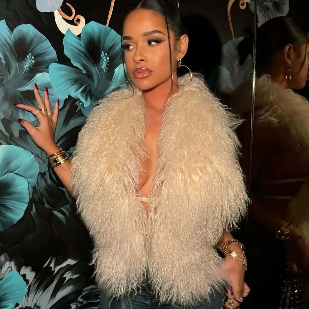 Fluffy Sexy Faux Mongolian Fur Halter Vests Women Solid Deep V-Neck Backless Bandage Sleeveless Jacket Top Outerwear Coat 250823