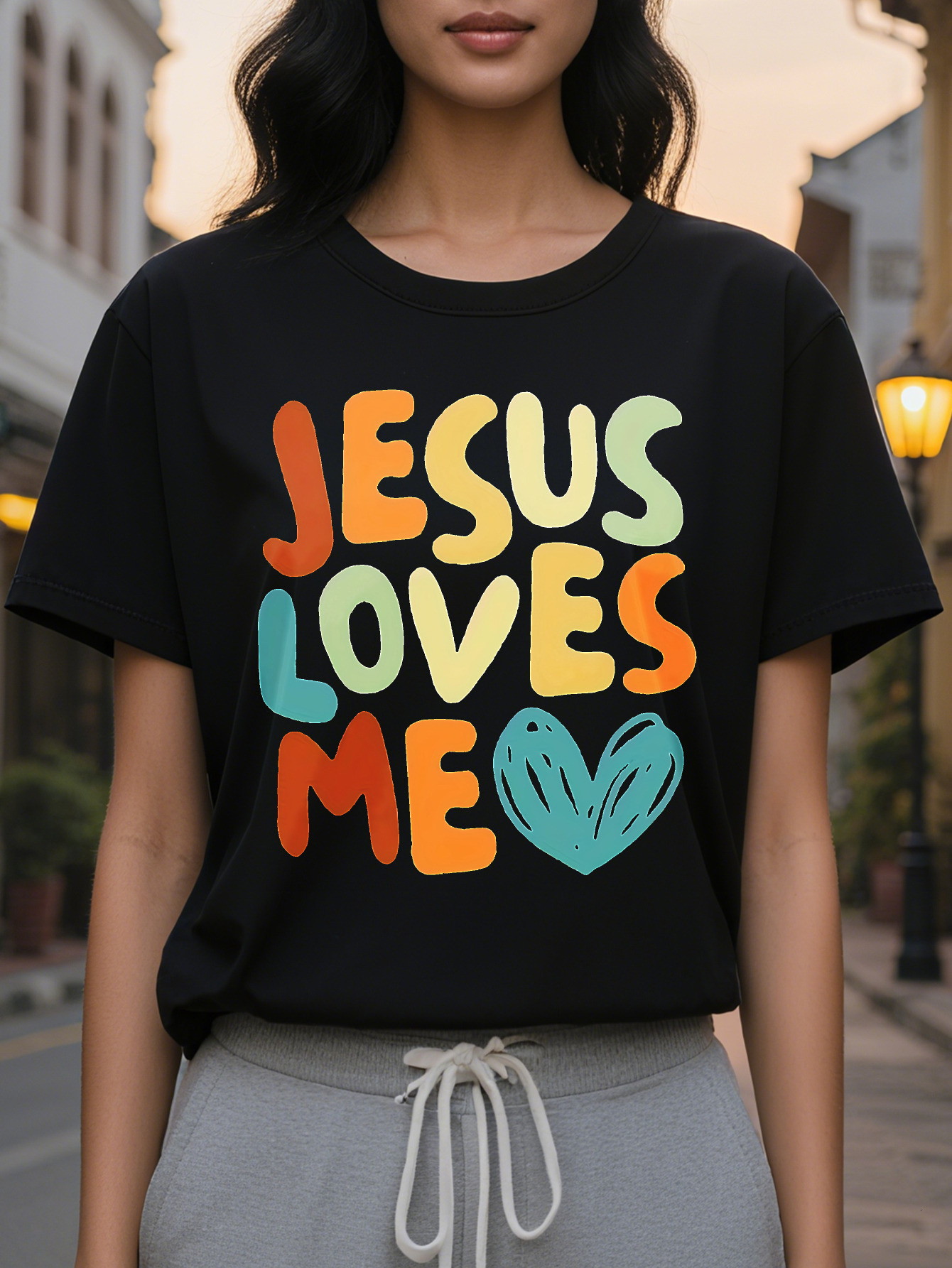 Jesus Love Me Heart Letter Short Sleeve T-Shirt Round Neck Casual Summer Spring Top Women's Clothing