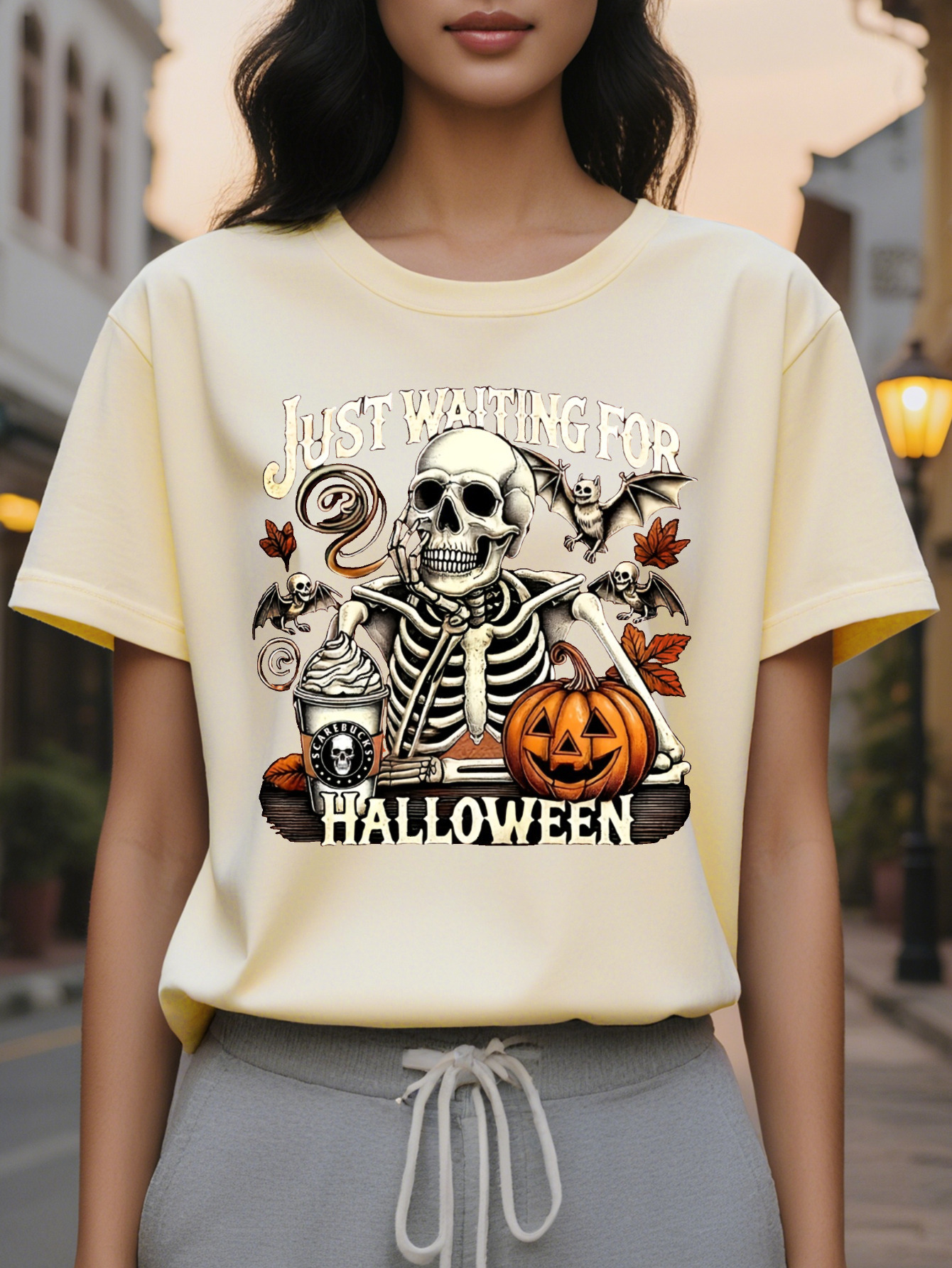 Women's Graphic T-Shirt Spooky Skeleton Jack O Lantern Print with Just Waiting Halloween Slogan Round Neck Short