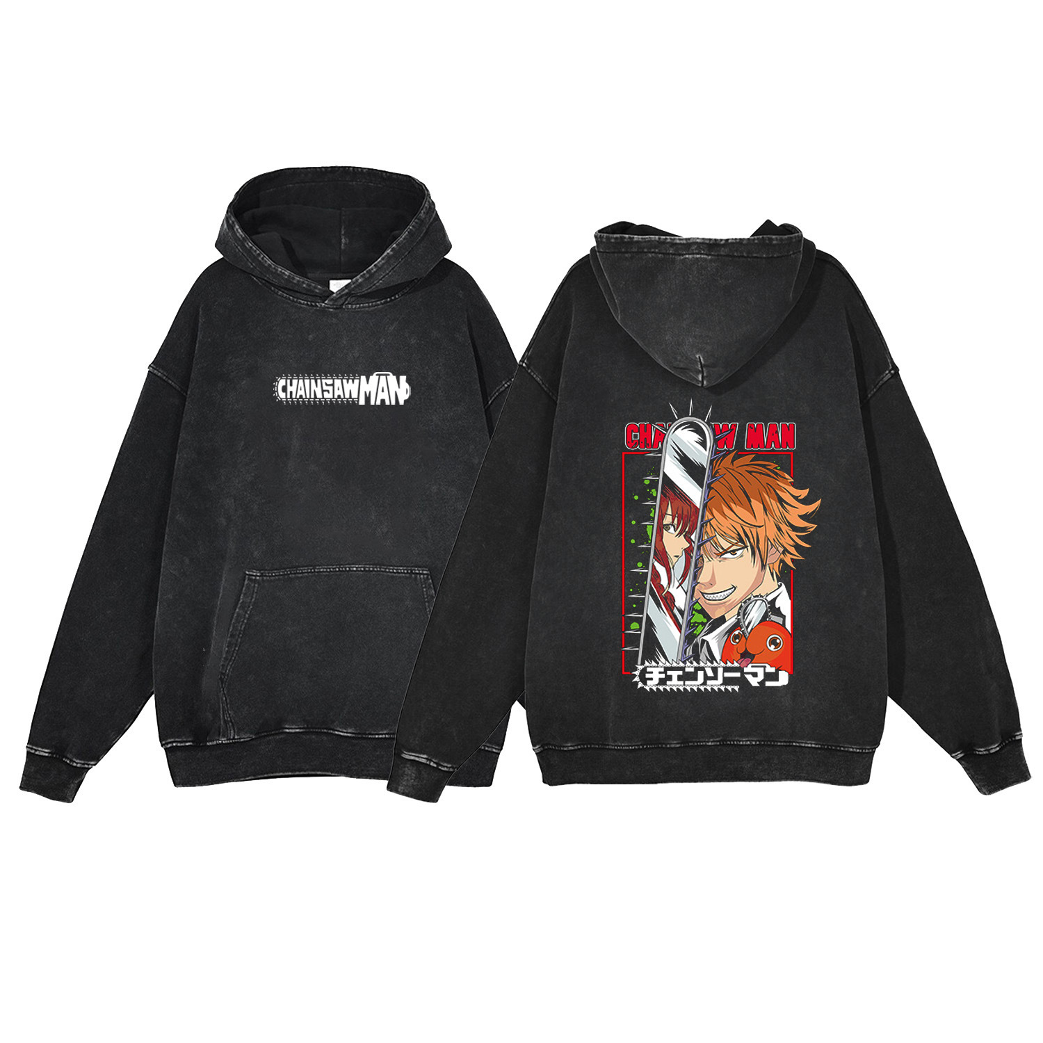 440g Heavyweight Washed Vintage Chainsaw Man Cartoon Anime Street Retro Cotton Hoodie Streetwear Hoodie - VT1558