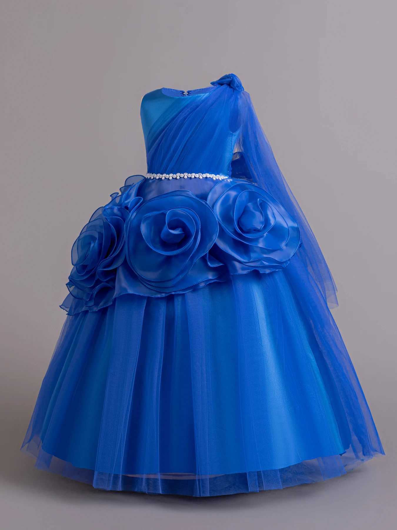 Pink / Blue Flower Sleeveless Childrens Dress Girls Mesh Fluffy Princess Dress for 3 to 12 Year Old Child Birthday Party Wear Z250904