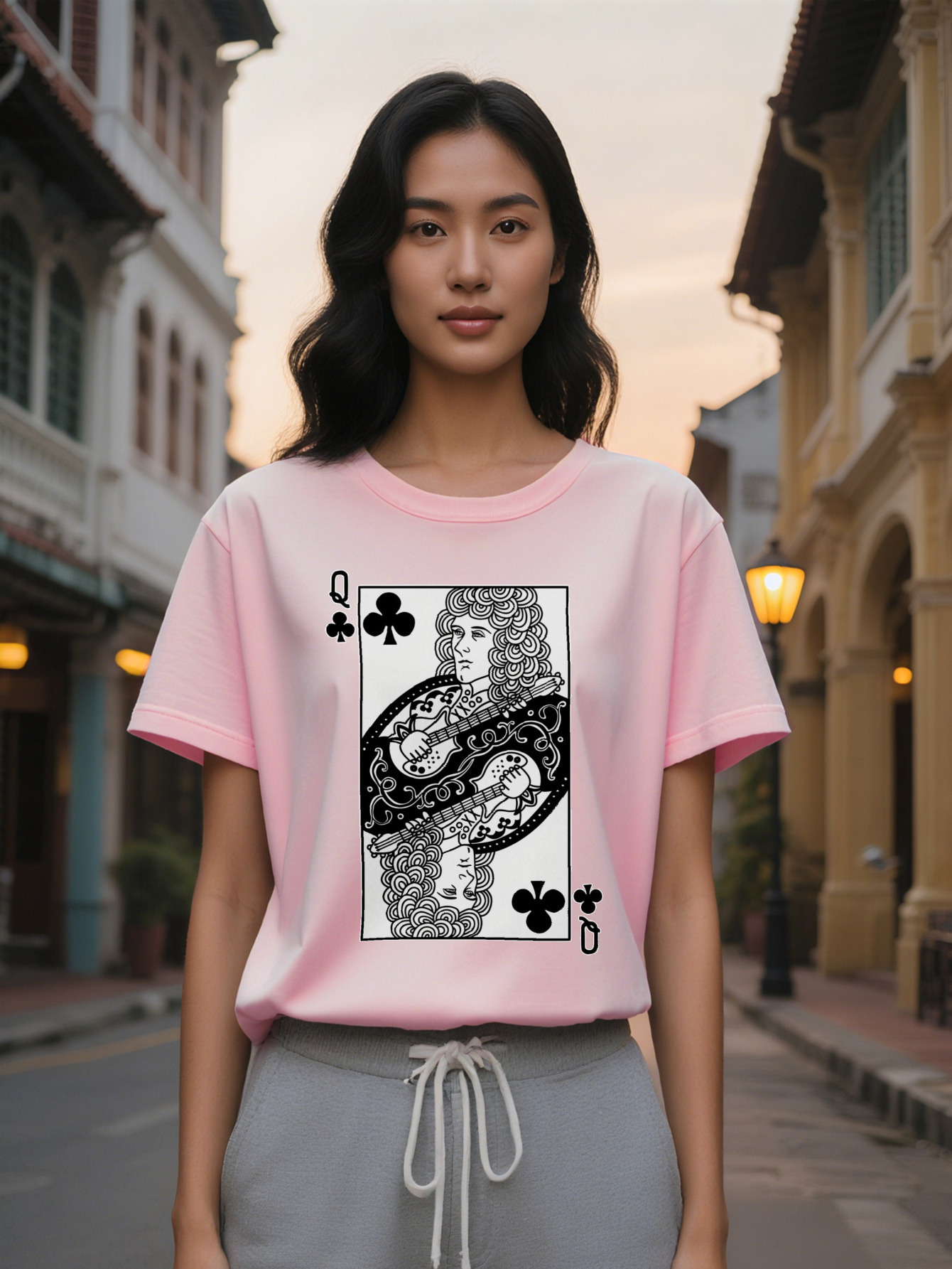 Lady Short Sleeve T Shirt with Queen of Clubs Playing Card Graphic Print Black Round Neck Summer Women's Washable Regular