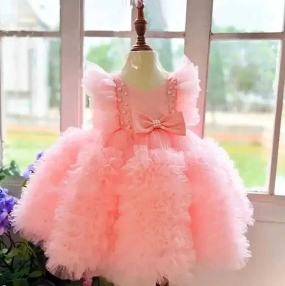 Customized Pink Flower Girl Dresses for Wedding Tiered Square Collar Pearls with Bow Kids Birthday Party First Communion Gown Z250904