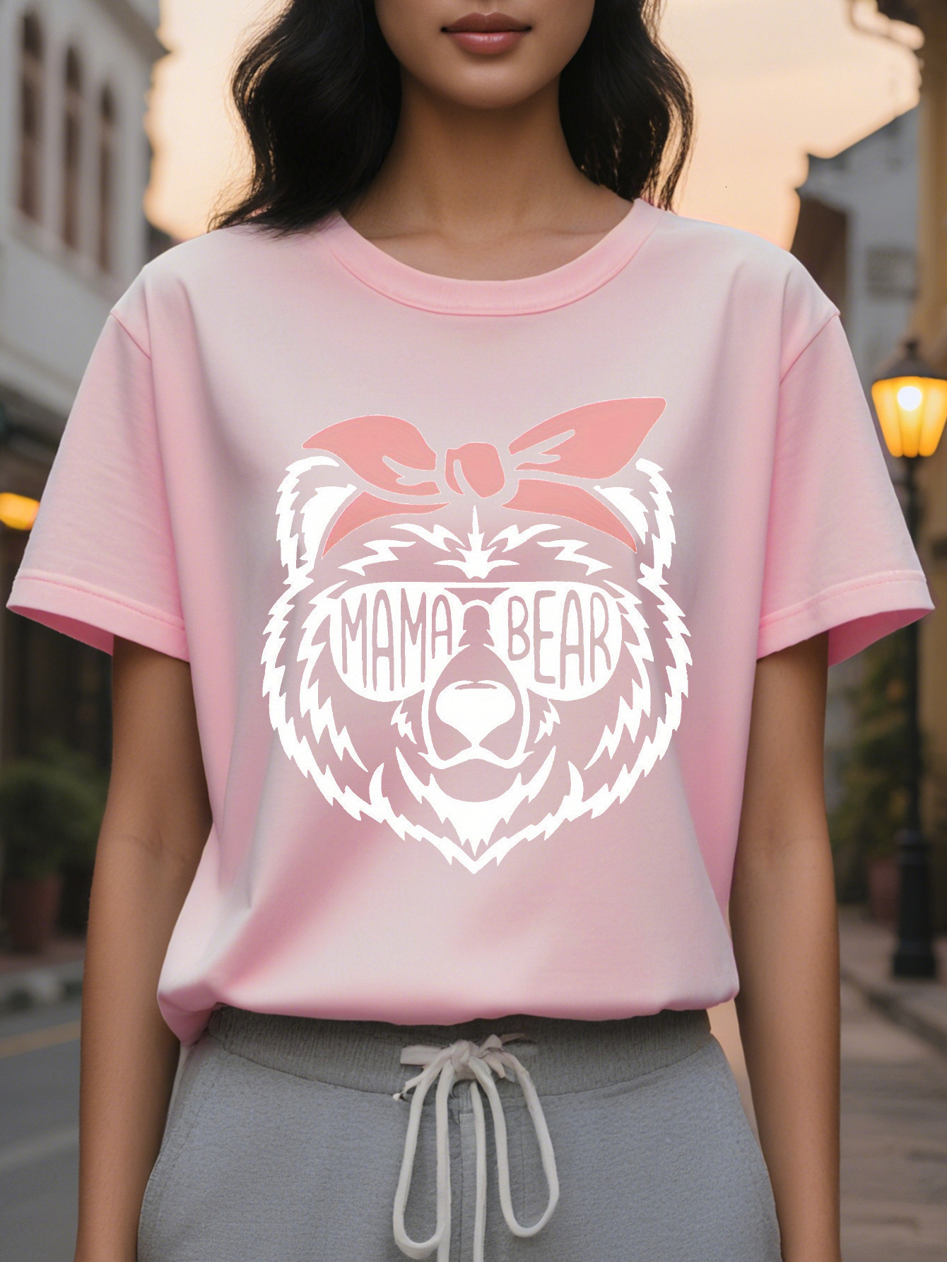 Women Mom Bear Pattern Vest Black Sleeveless Casual with Pink Bow White Letters Perfect for Mother s Day Spring