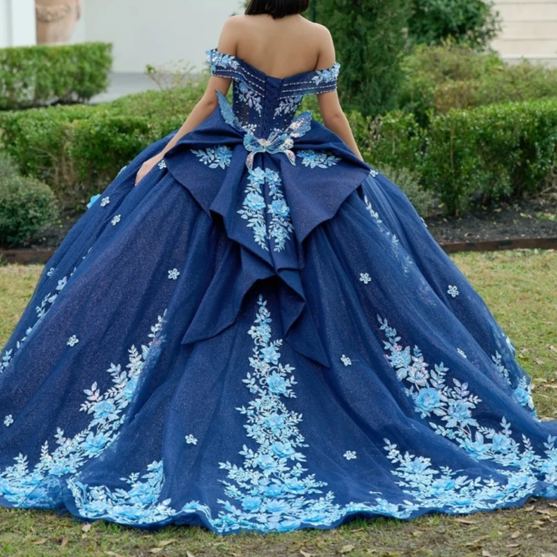 Navy Blue Shiny Quinceanera Dresses Ball Gown Off The Shoulder Applique Flower Bow Beading Crystal Tull Sweet 16 Dress Vestidos 15 Anos
