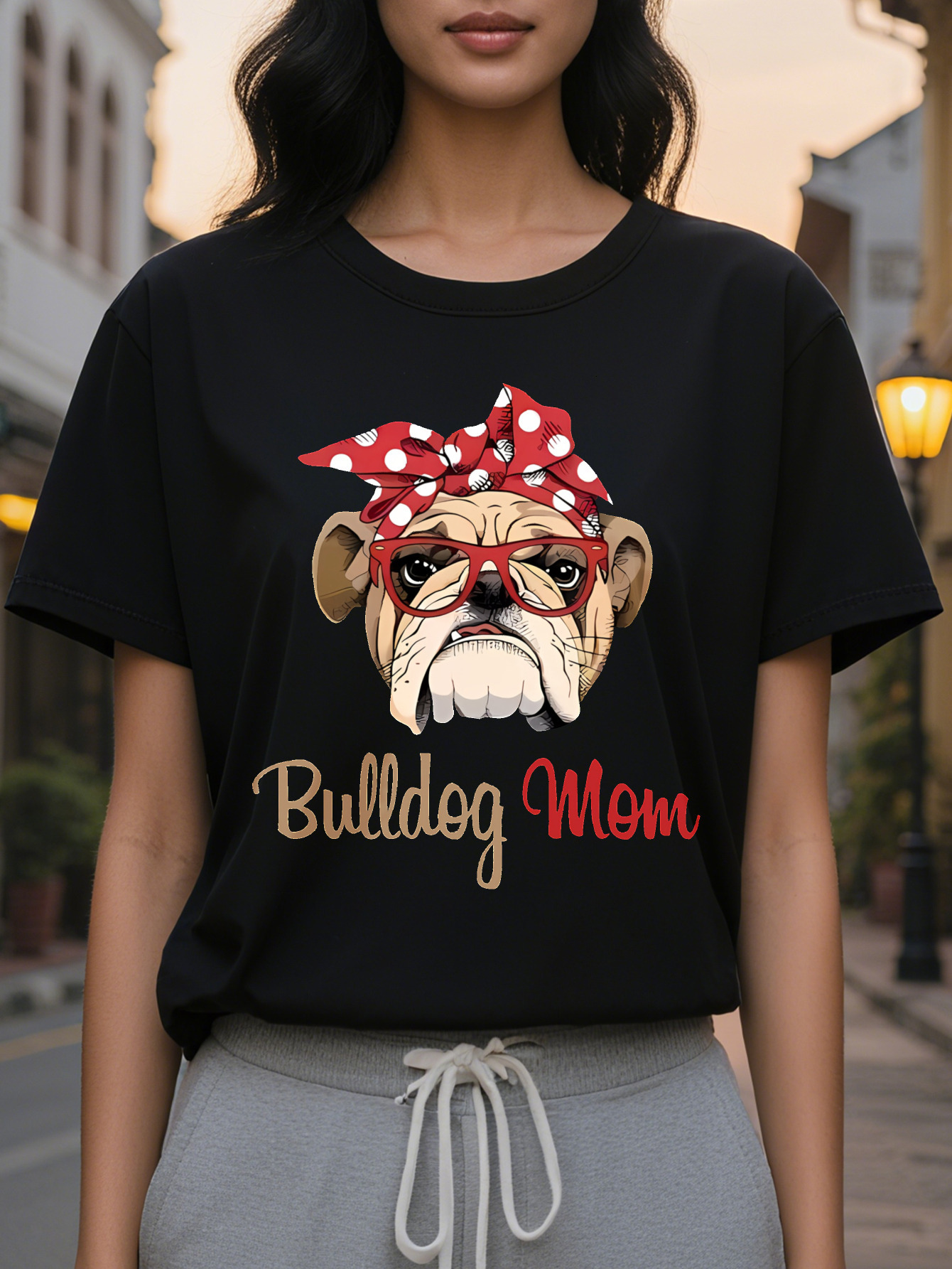 Women S Casual Cotton T-Shirt Pug Bulldog Mom Graphic Crew Neck Short Sleeve Regular Fit SpringSummer Knit Fabric