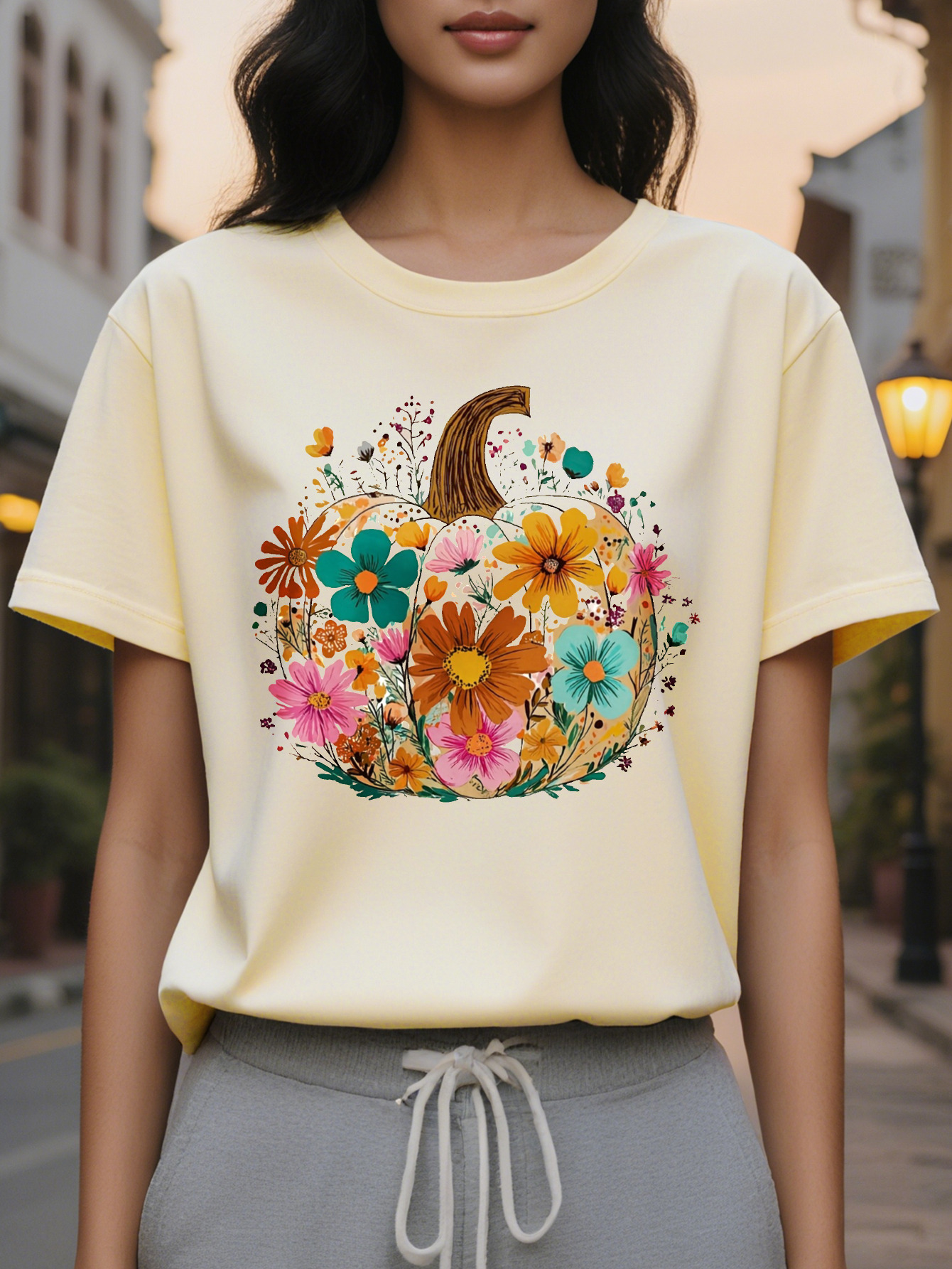 T Shirt Beige Background with Floral Pumpkin Soft Neck Casual Everyday Party Top for Autumn Year Round Wear