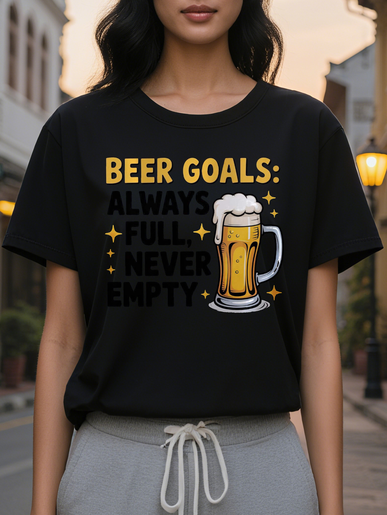 Women's Fun Lover T-shirt Beer Goal Always Full Never Empty Slogan Mug Pattern White Casual Round Neck Summer Top
