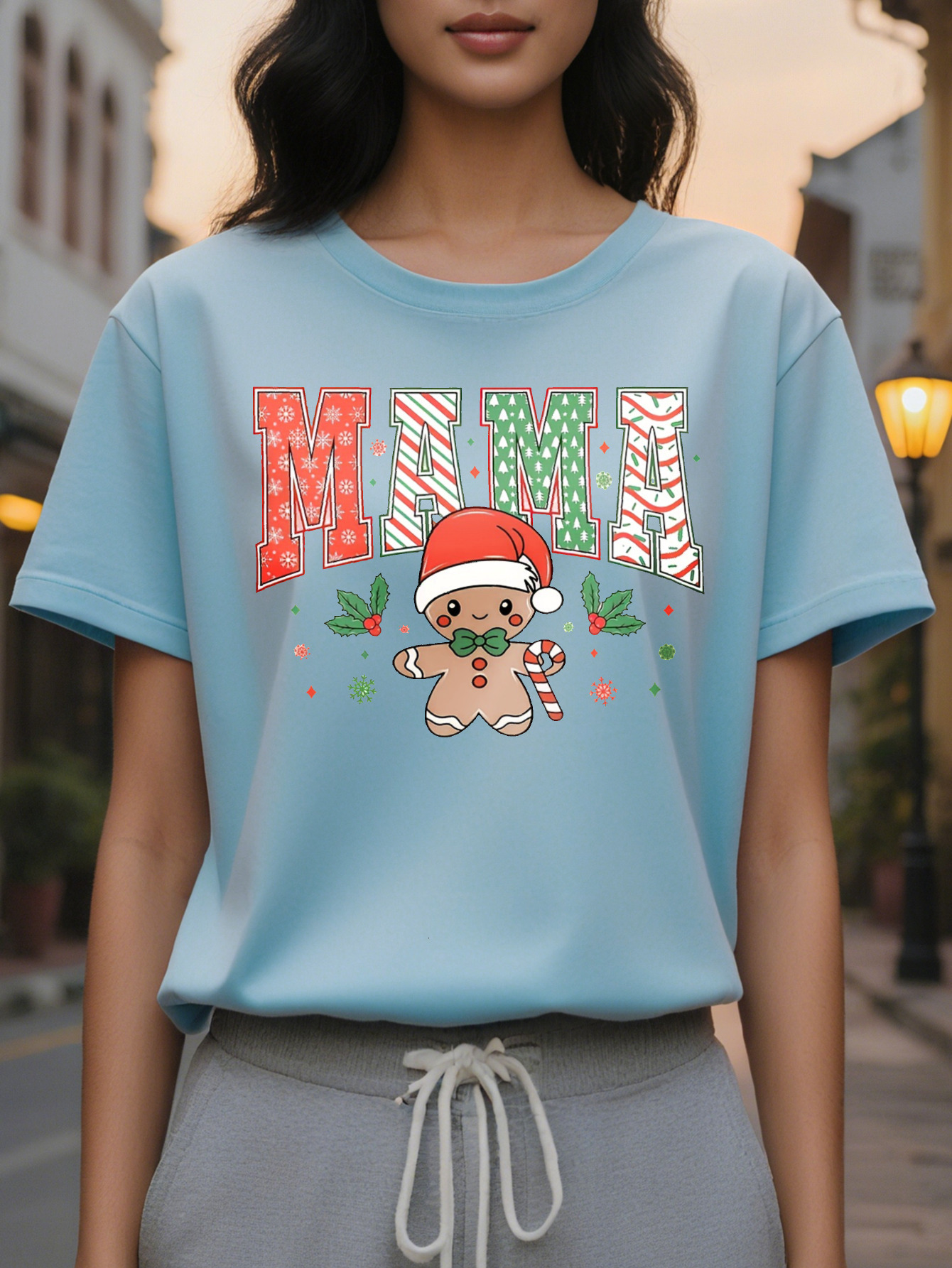 Large XL Women's Christmas Graphic Sweatshirt with Gingerbread Man Mama Lettering Beige Casual Round Neck Pullover Plus Size