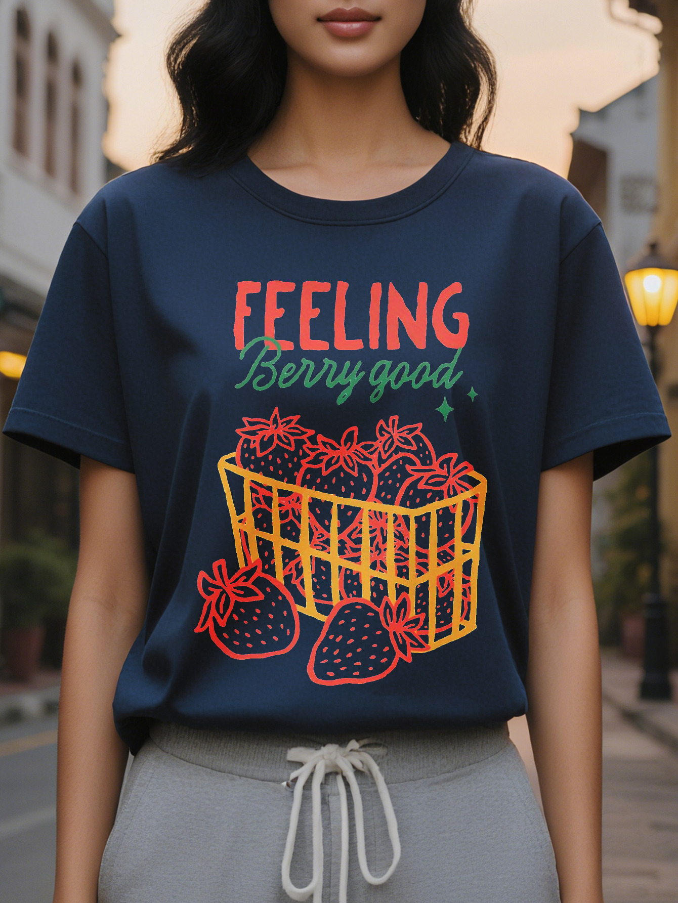 Women's Feel Great White with Red Strawberry Design Short Sleeve Round Neck T-Shirt Casual Summer Wear