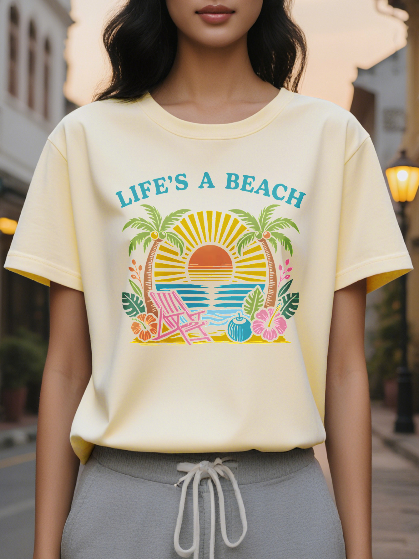 Women s Sleeve Pattern Sweatshirt White Beach Top with Tropical Palms Lounger and Citrus Fruit Medium Stretch Round