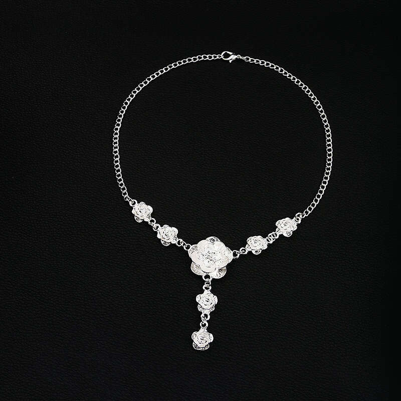 2025 Ethnic Style Silver-Plated Rose Necklace & Miao Silver Retro Flower Bracelet Set - Fashion Floral Jewelry, Wholesale, Sweet Fresh Design for Wome
